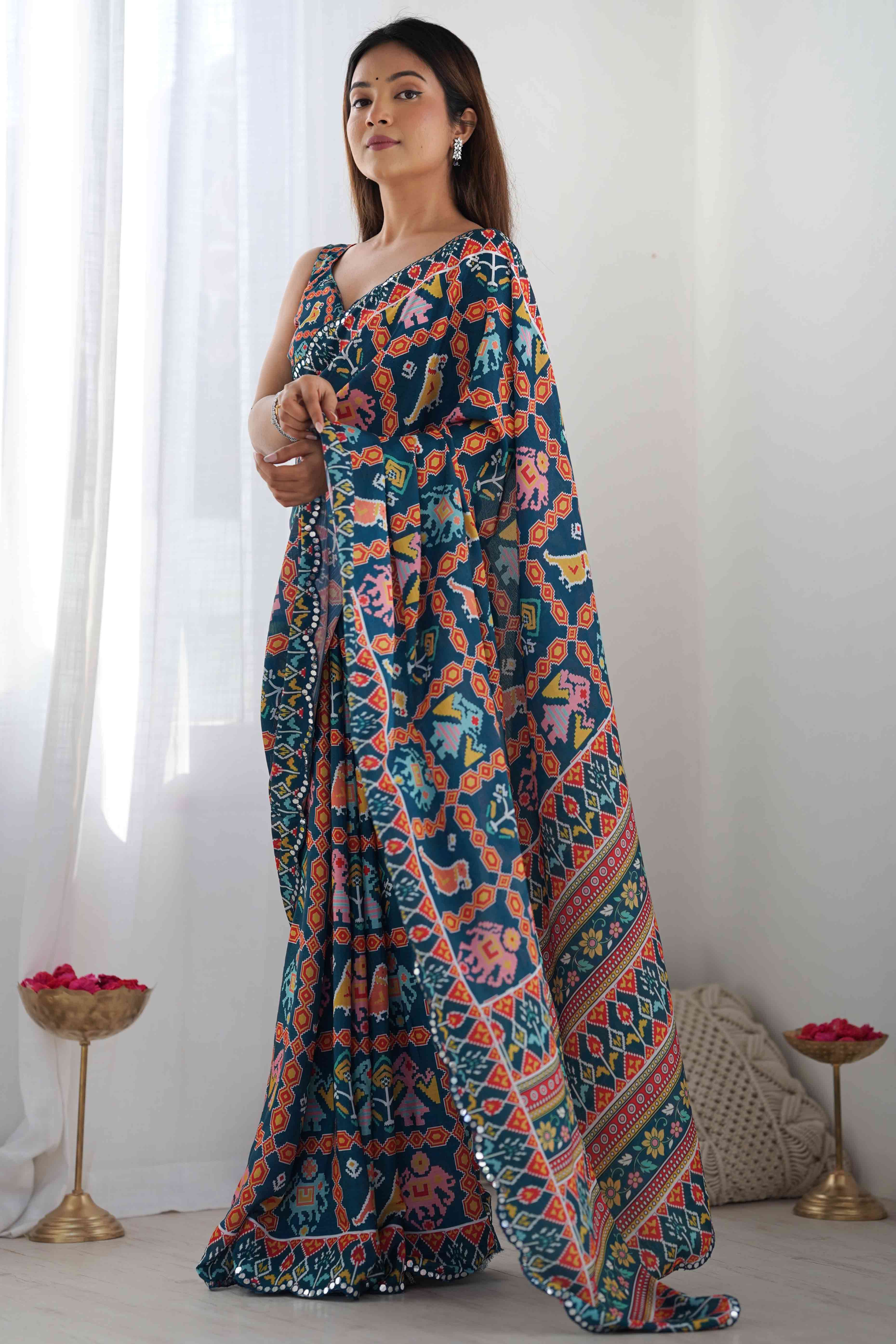 Teal Patola Printed Chinon Saree