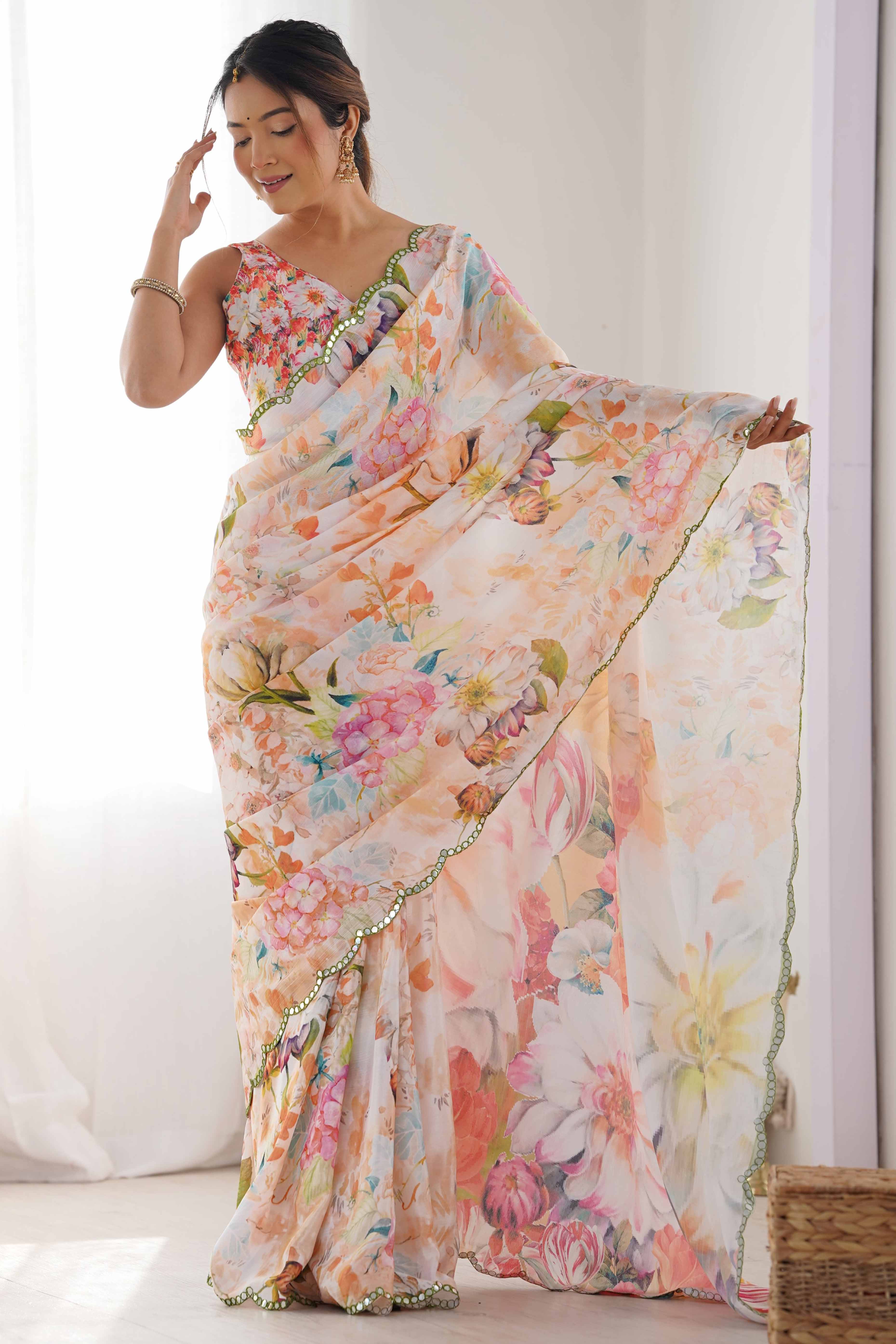 Off White Floral Printed Chinon Saree