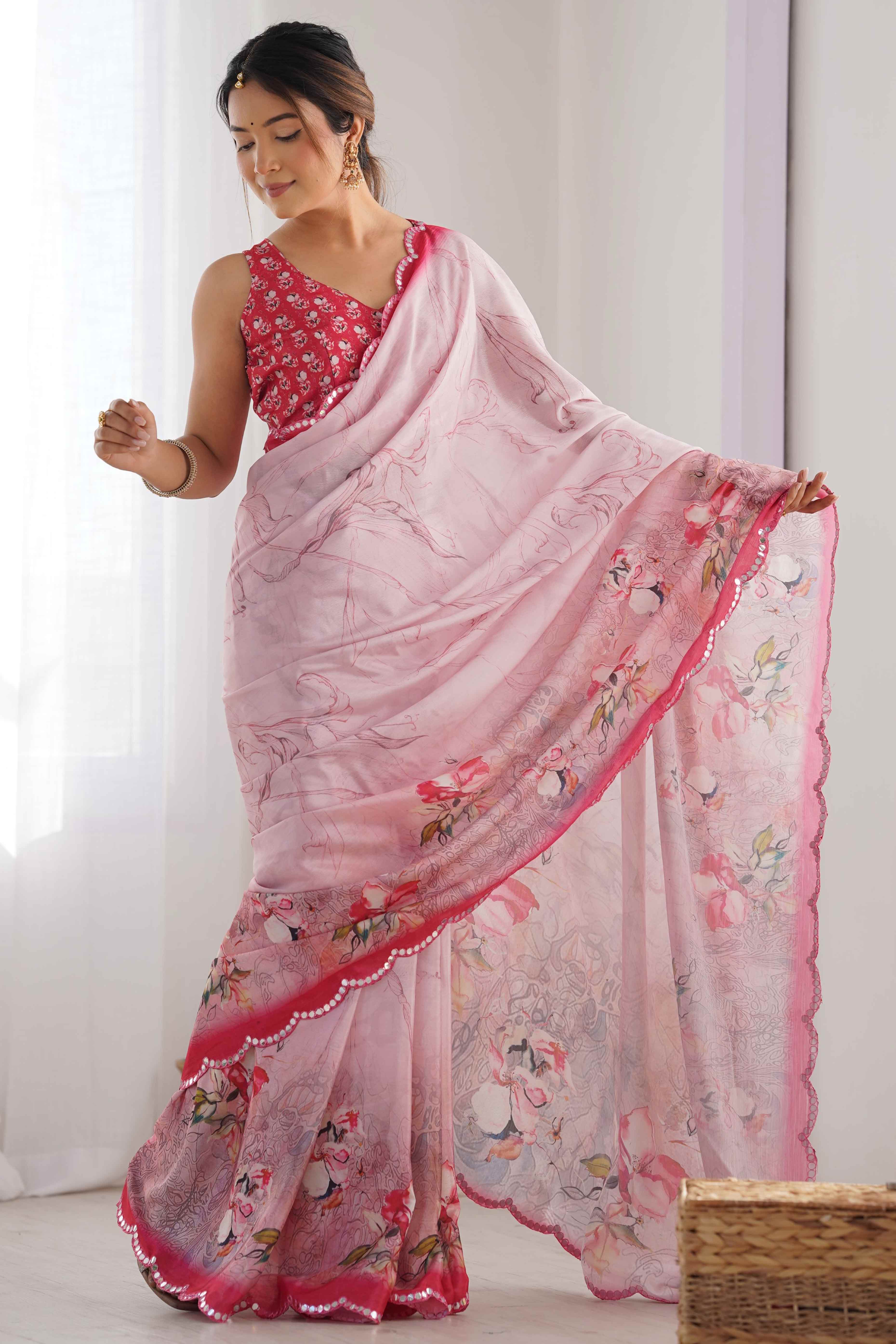 Baby Pink Floral Printed Chinon Saree