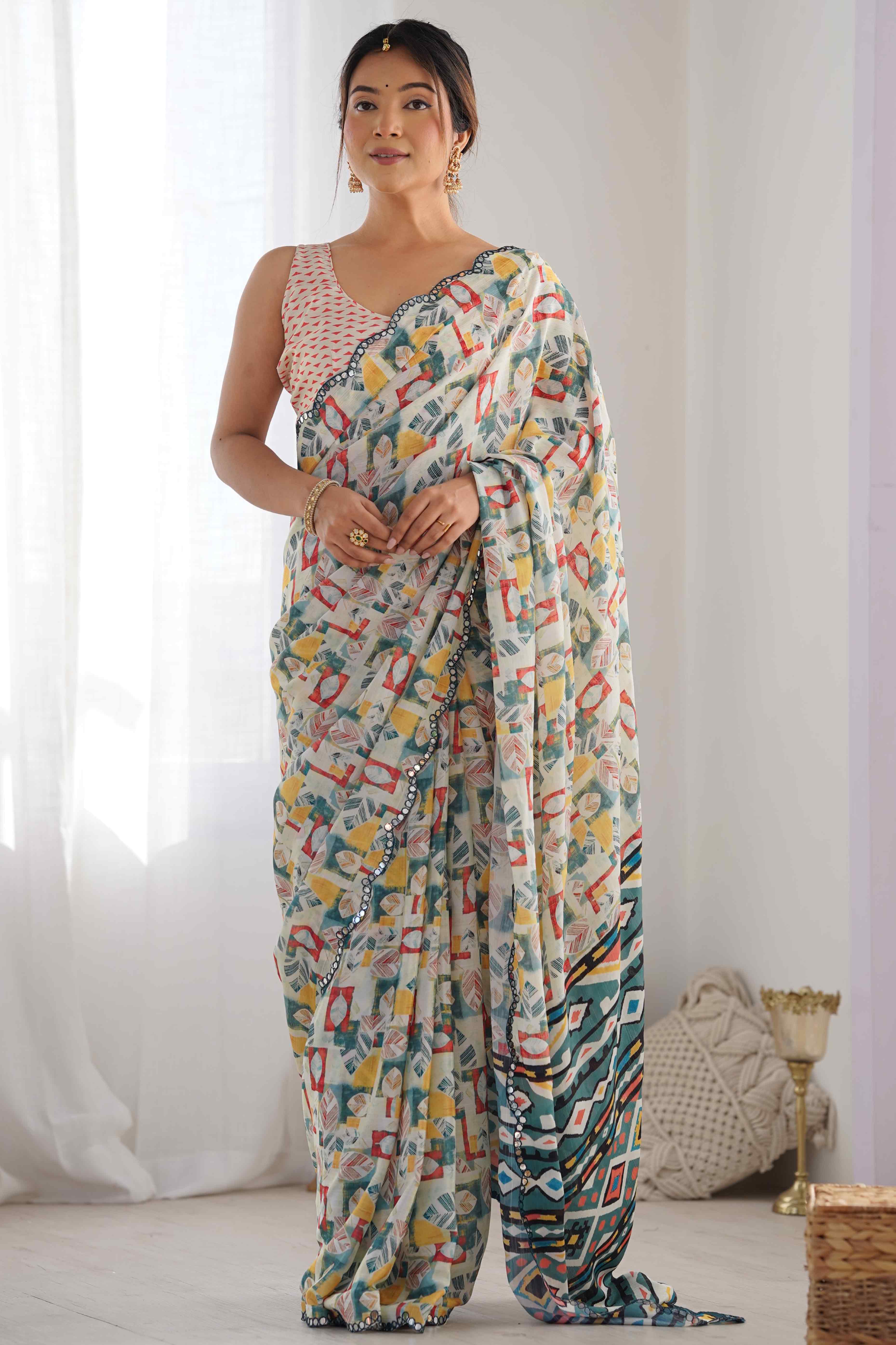 Off White Abstract Printed Chinon Saree