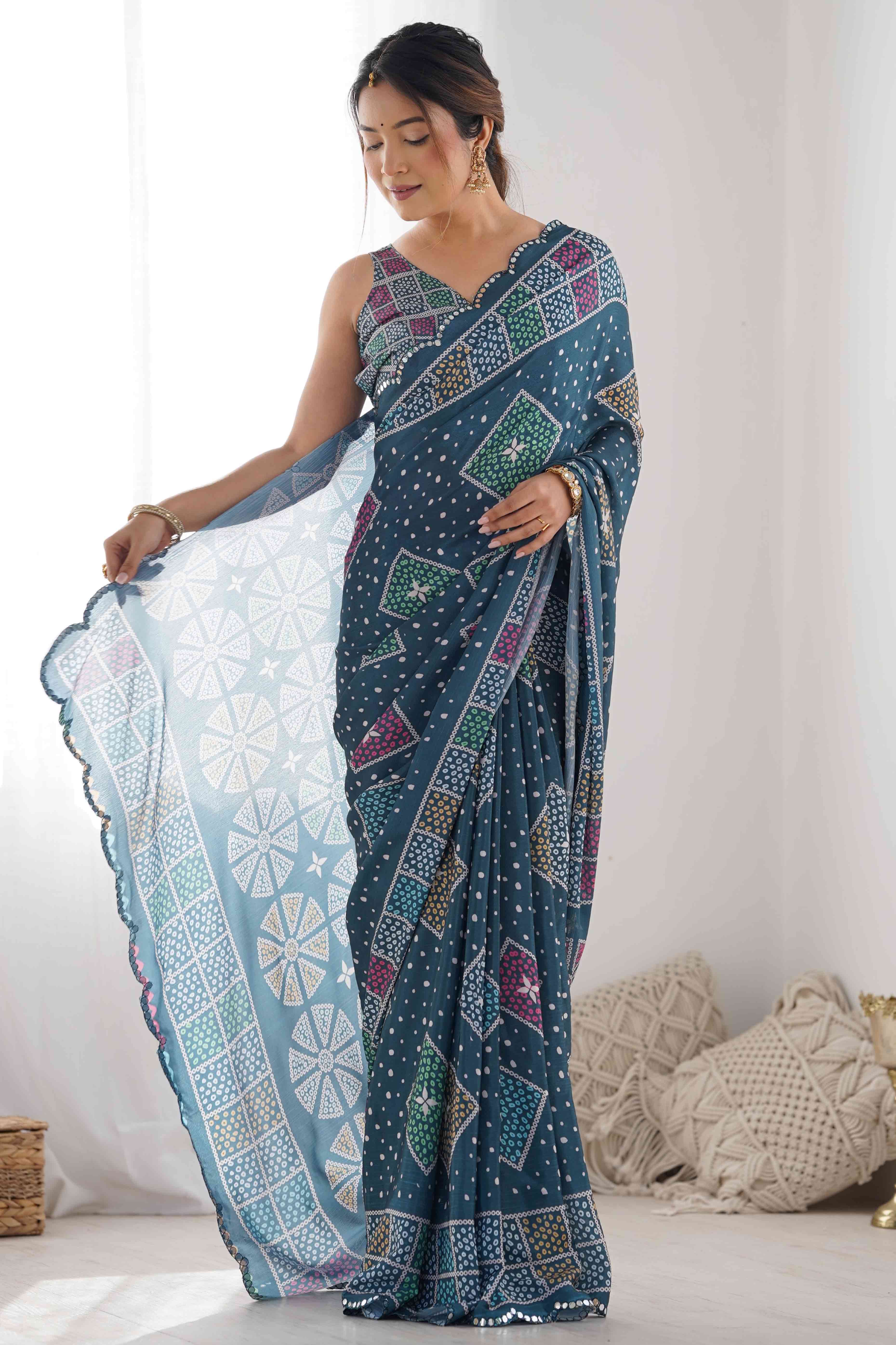 Teal Geometric Printed Chinon Saree