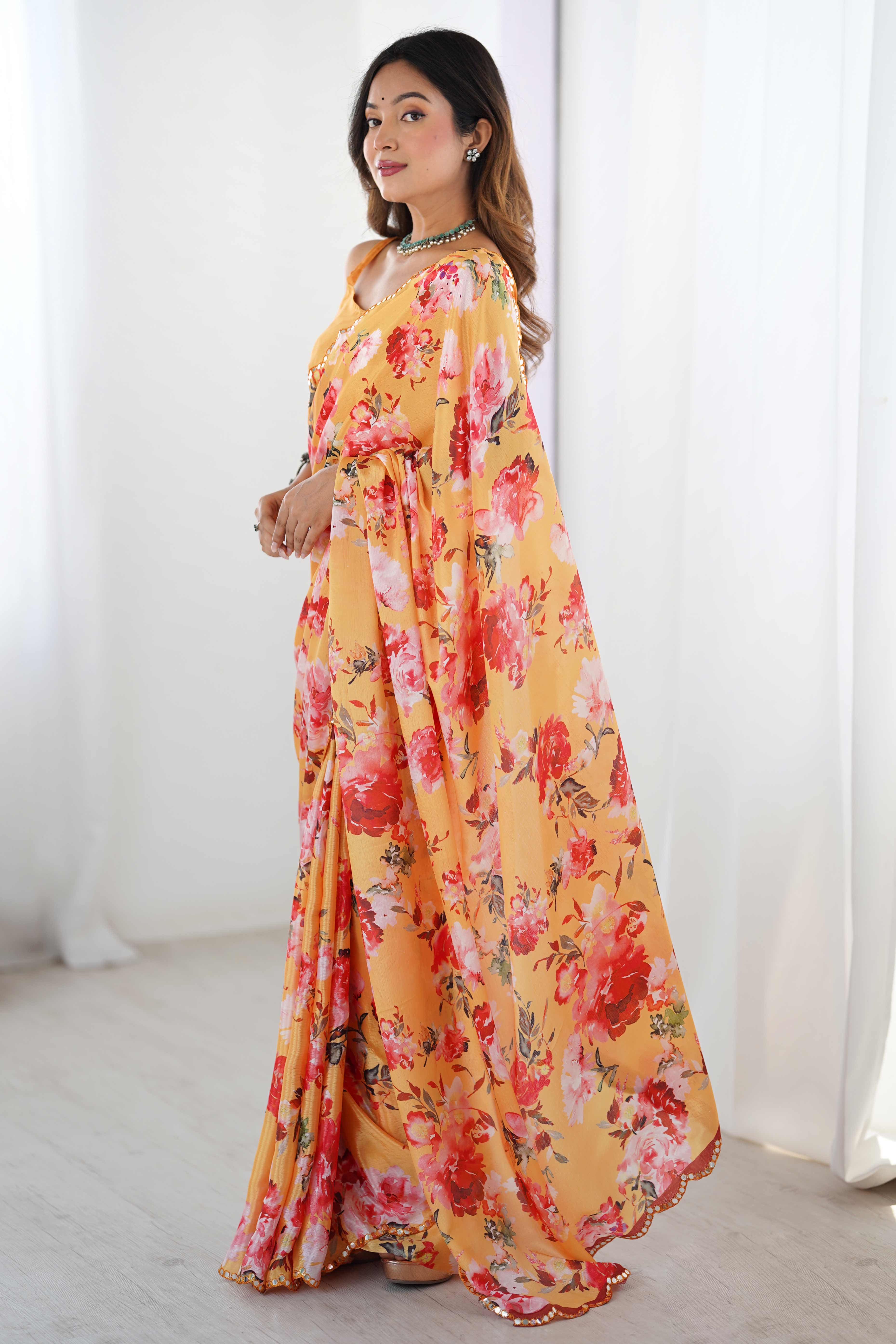 Orange Floral Printed Chinon Saree with Shimmering Mirror Detailing