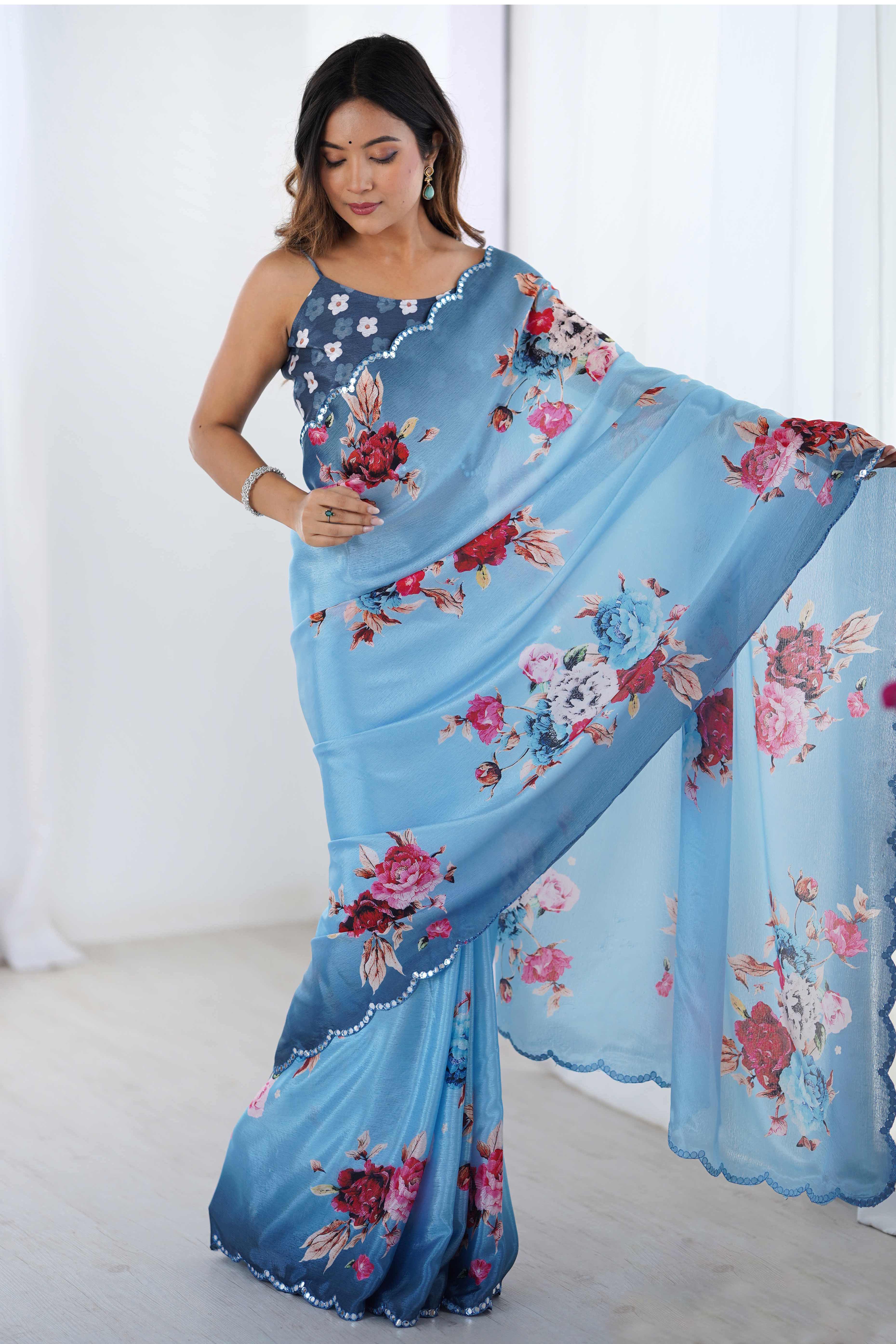 Sky Blue Floral Printed Chinon Saree with Shimmering Mirror Detailing
