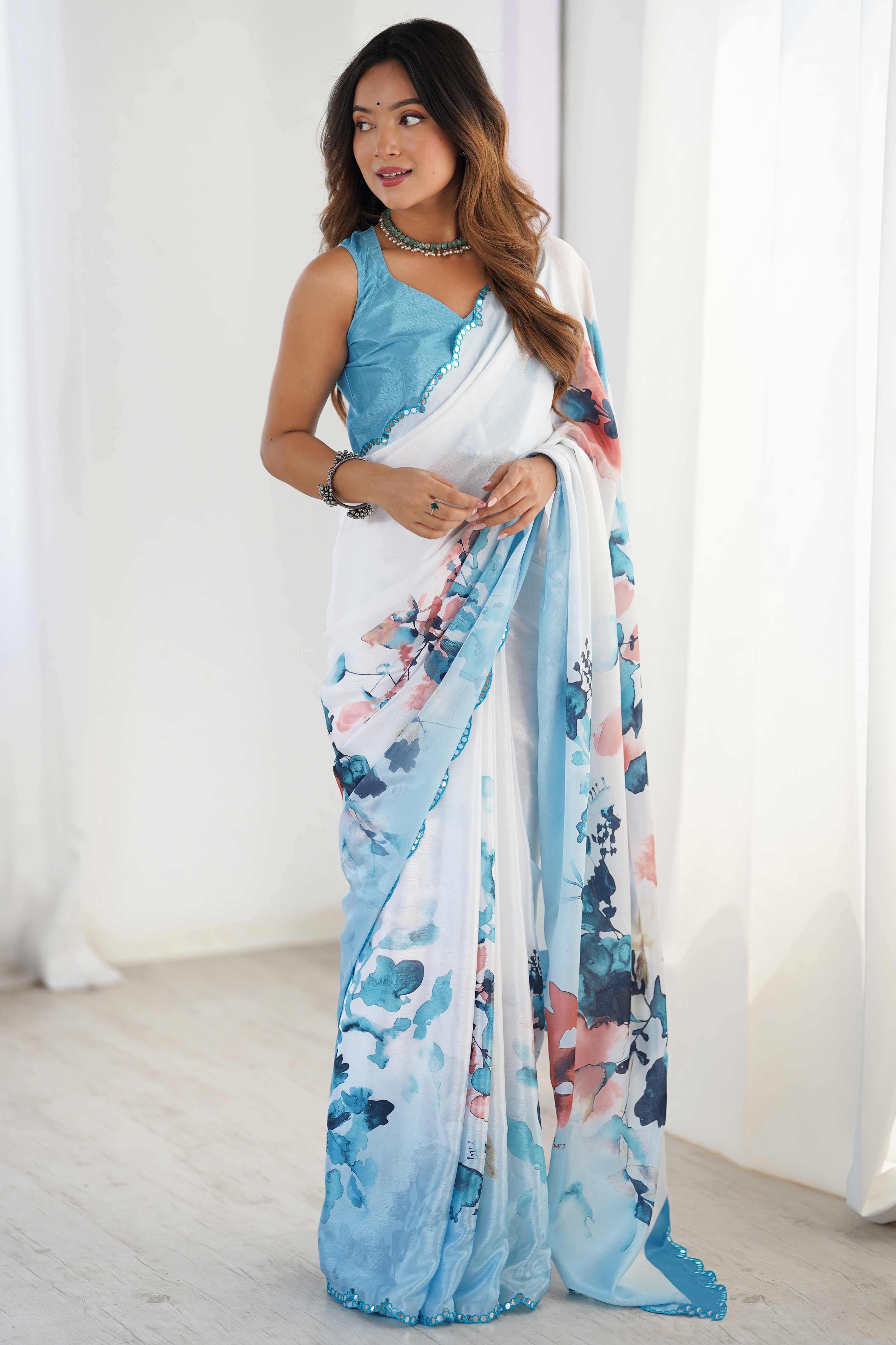 White Floral Printed Chinon Saree With Shimmering Mirror Detailing
