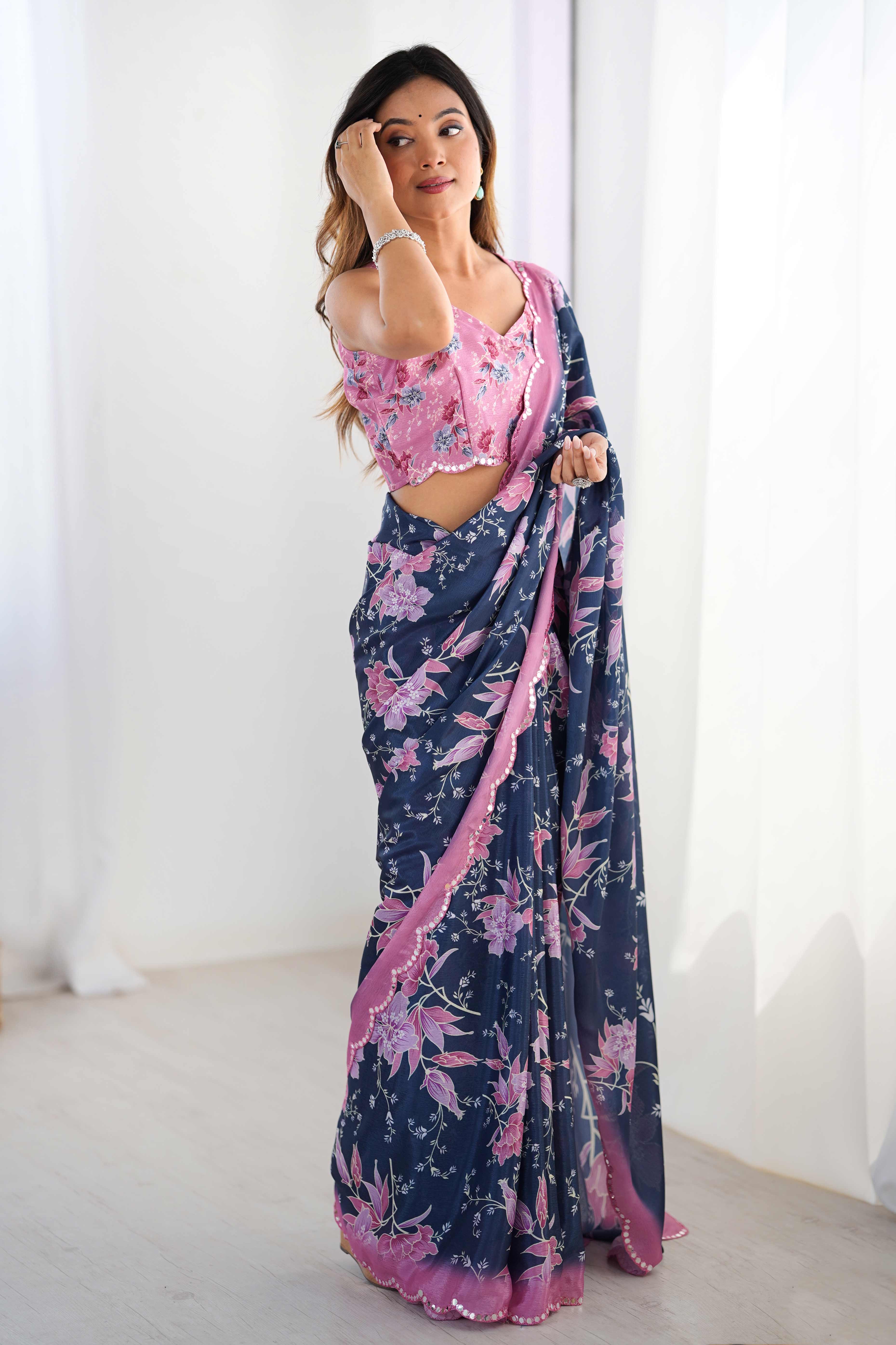 Blue Floral Printed Chinon Saree With Shimmering Mirror Detailing