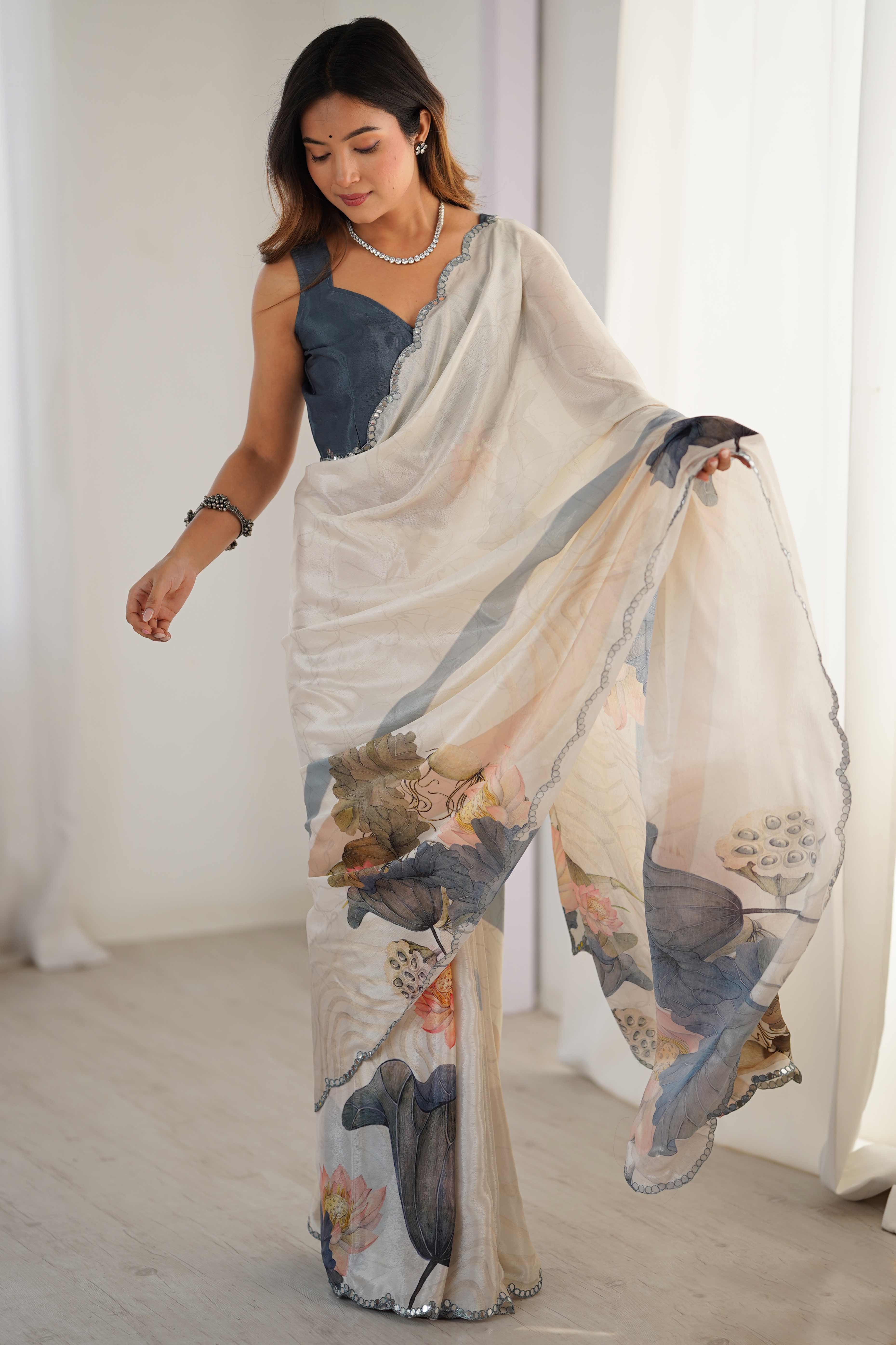 Off White Floral Printed Chinon Saree With Shimmering Mirror Detailing