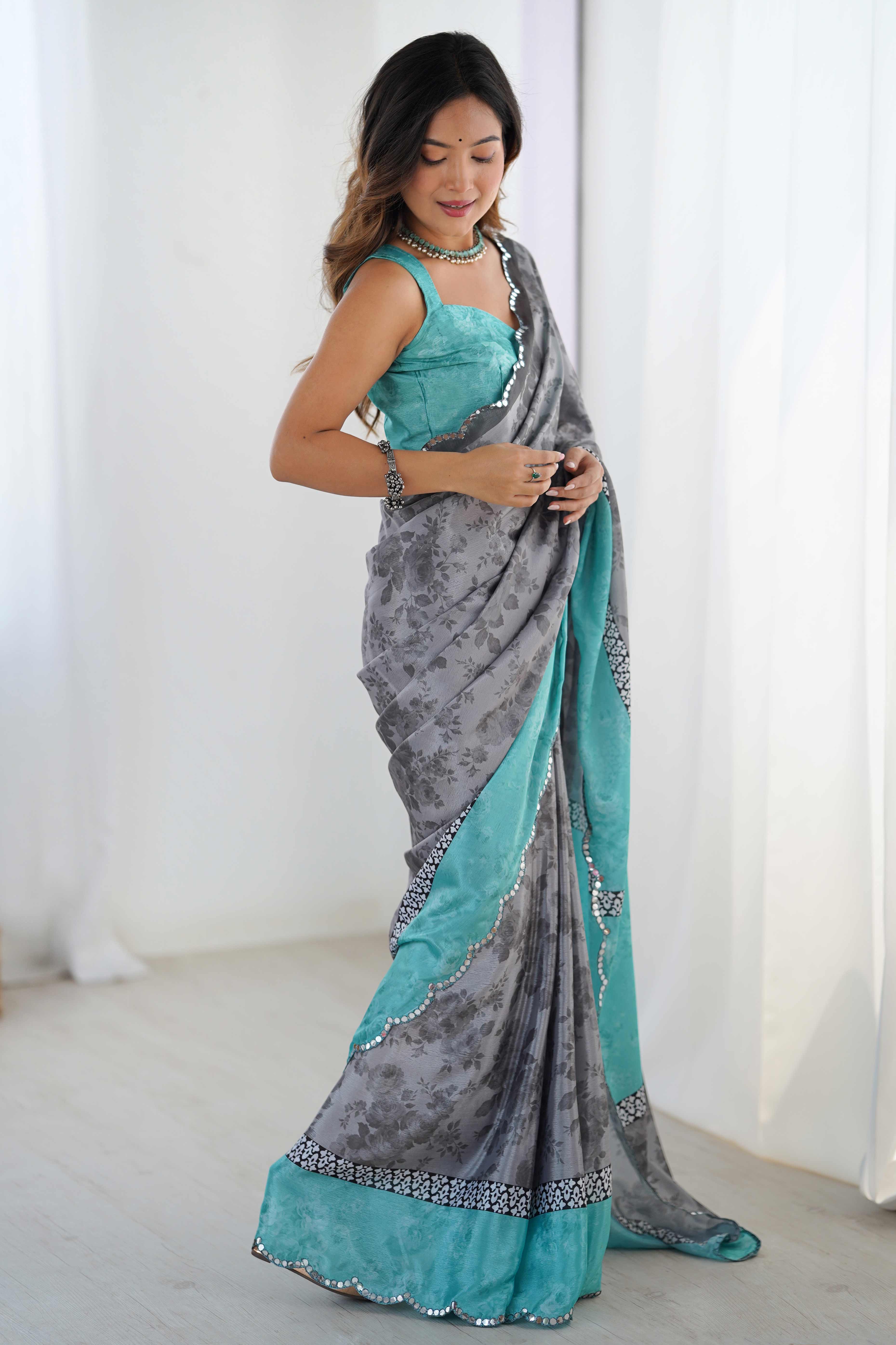 Grey Floral Printed Chinon Saree With Shimmering Mirror Detailing