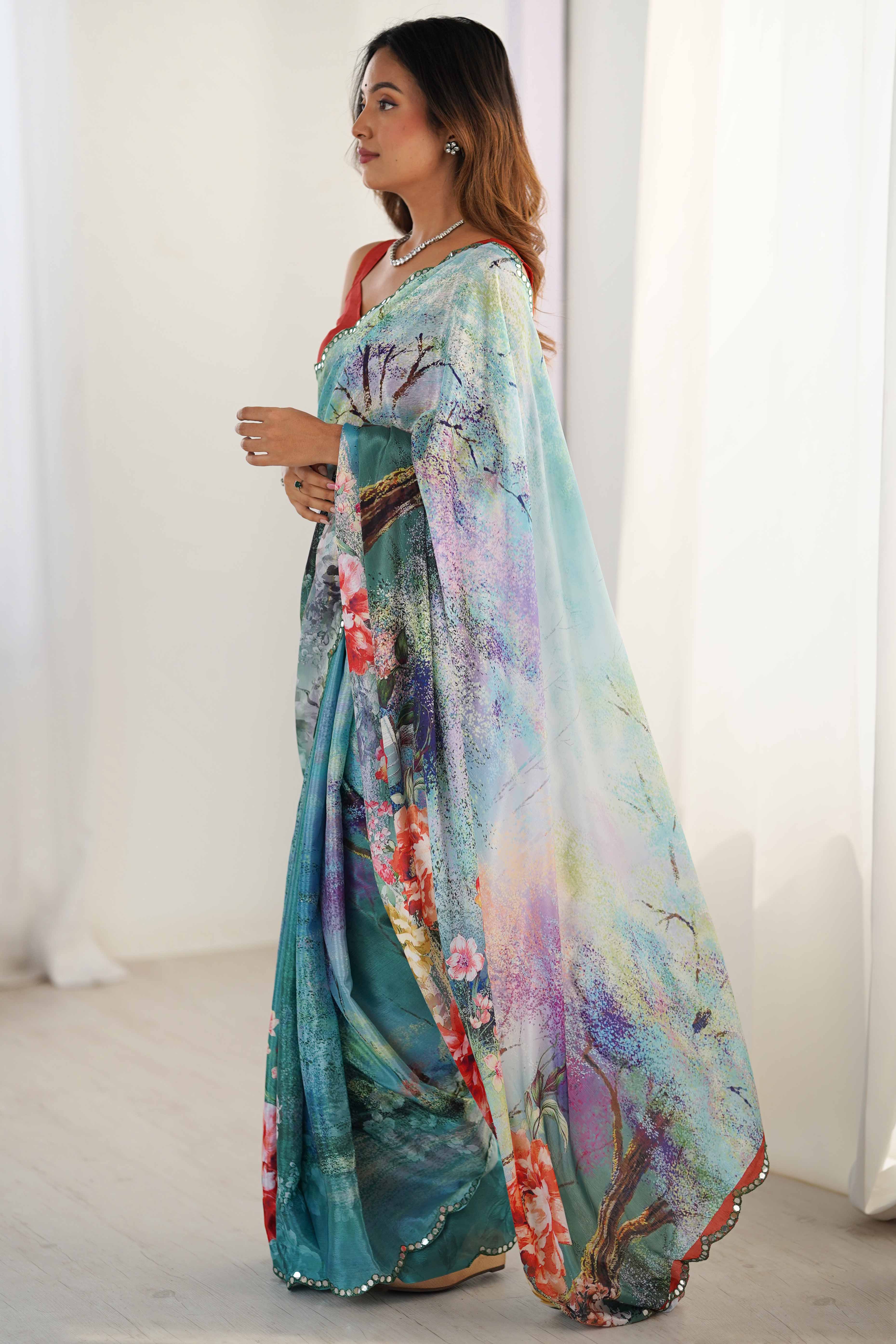 Aqua Teal Floral Printed Chinon Saree With Shimmering Mirror Detailing