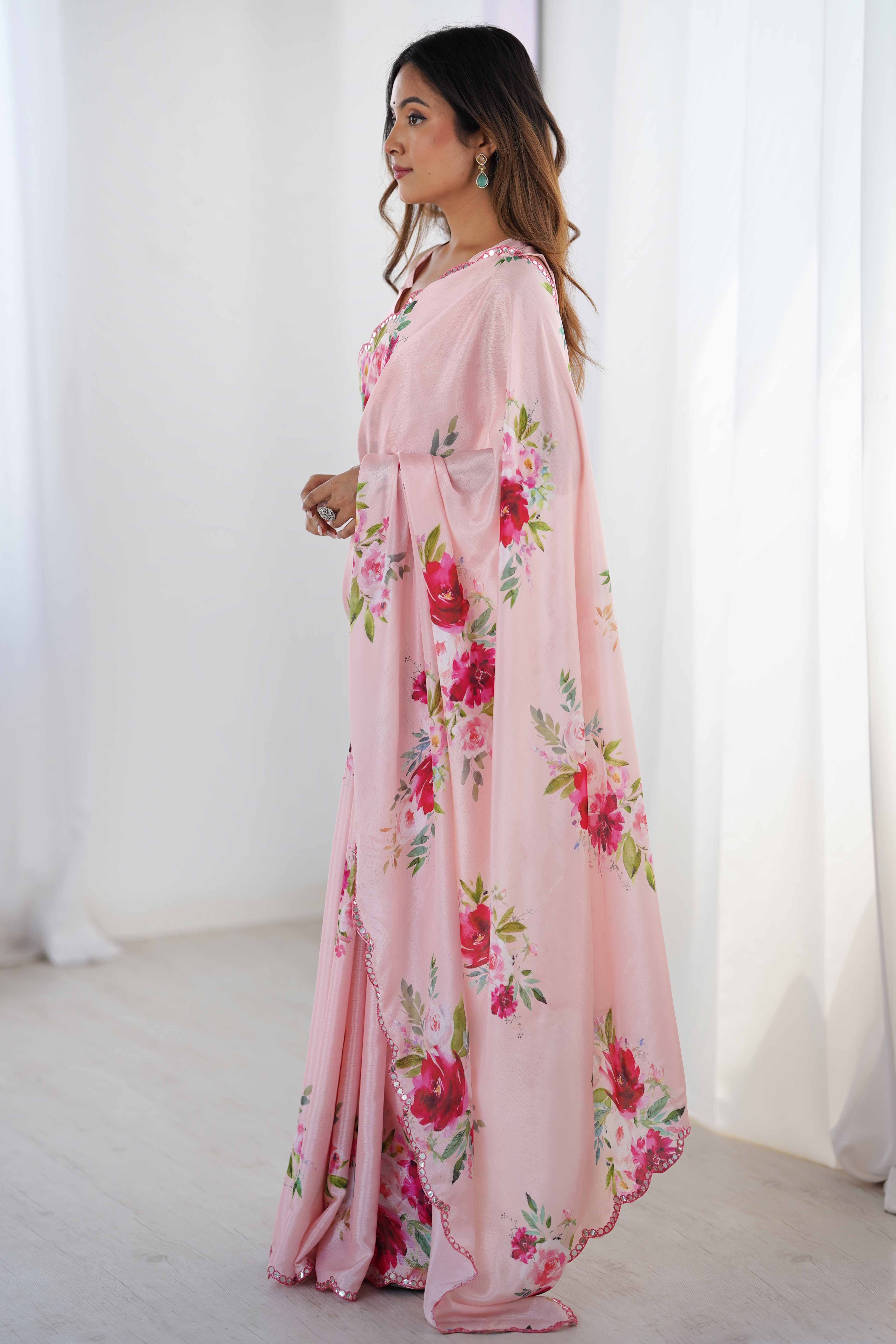 Pink Chinon Saree with Glimmering Mirror Work and Floral Prints