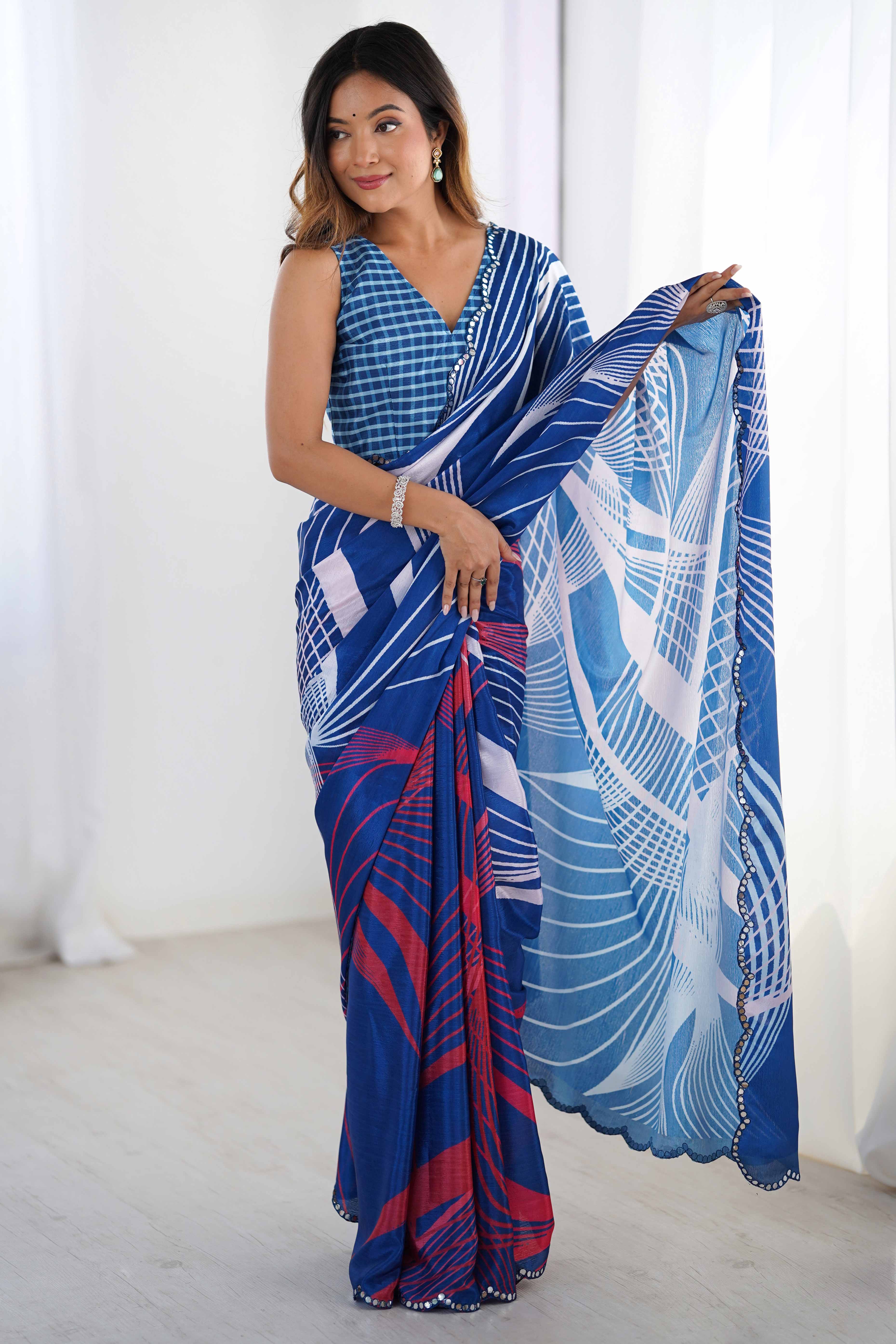 Blue Chinon Saree with Glimmering Mirror Work and Floral Prints
