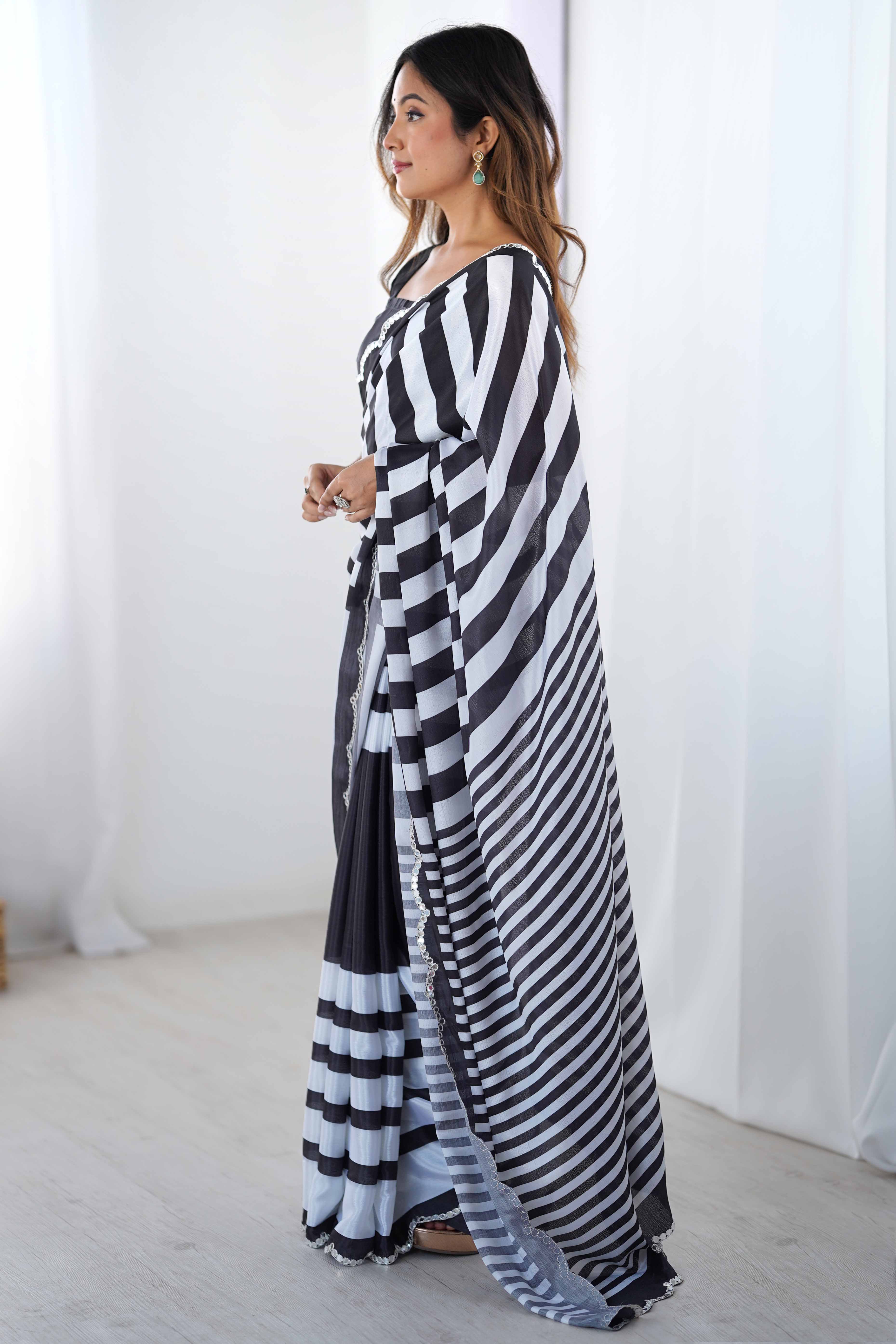 Black & White Chinon Saree with Glimmering Mirror Work and Floral Prints