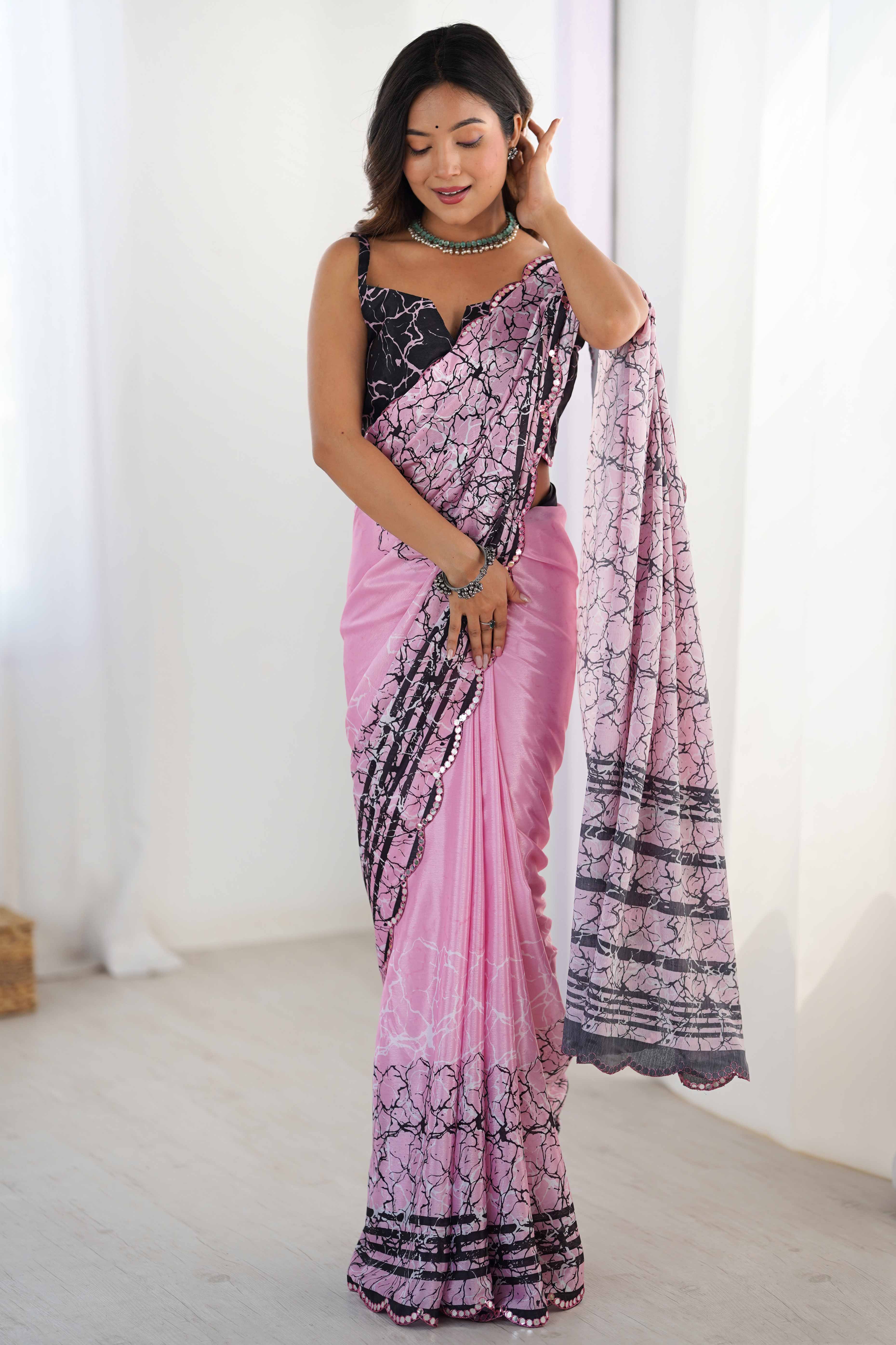Pink Chinon Saree with Glimmering Kutchi Mirror Work and Print