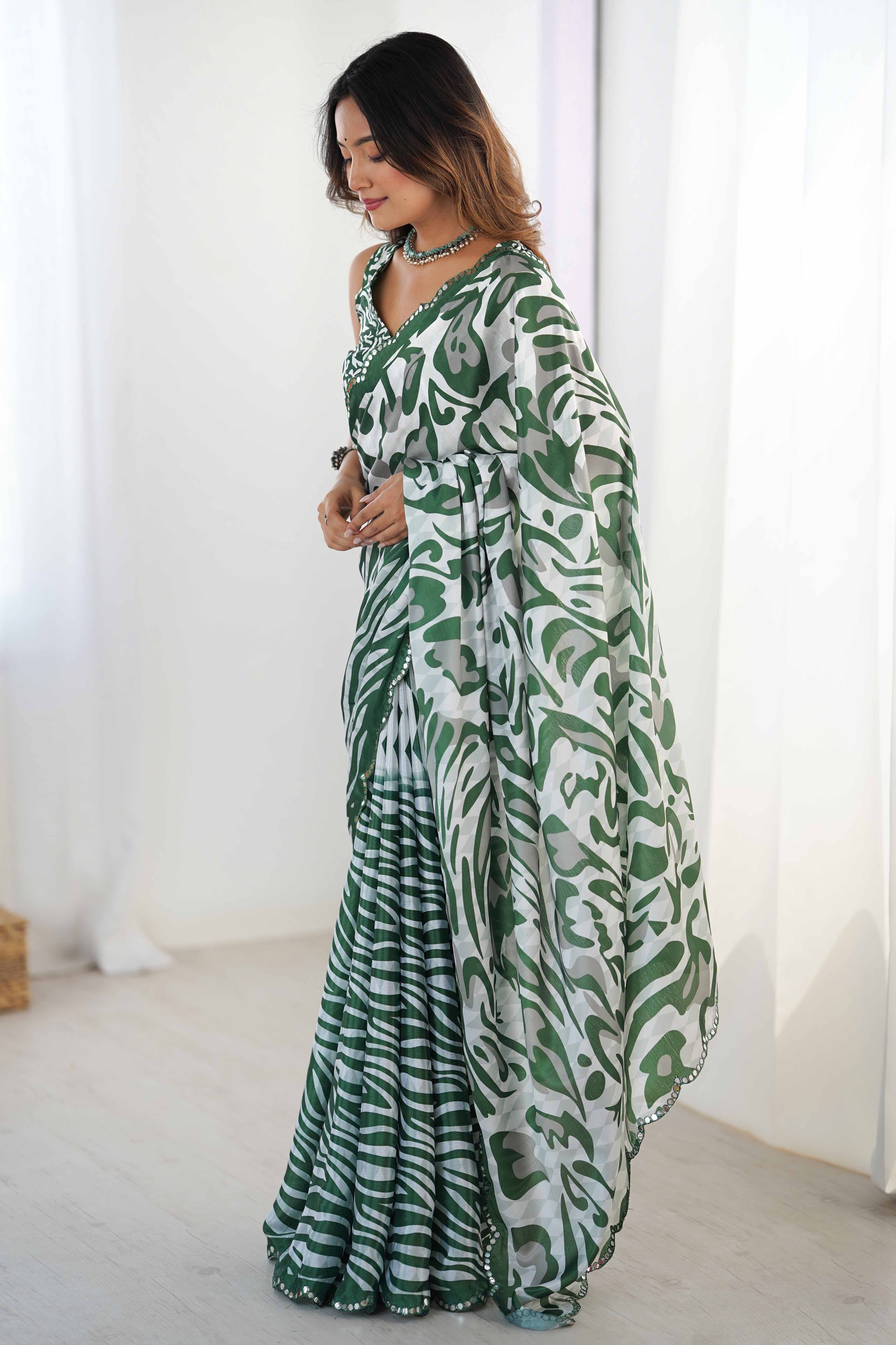 Green & White Chinon Saree with Glimmering Kutchi Mirror Work and Print