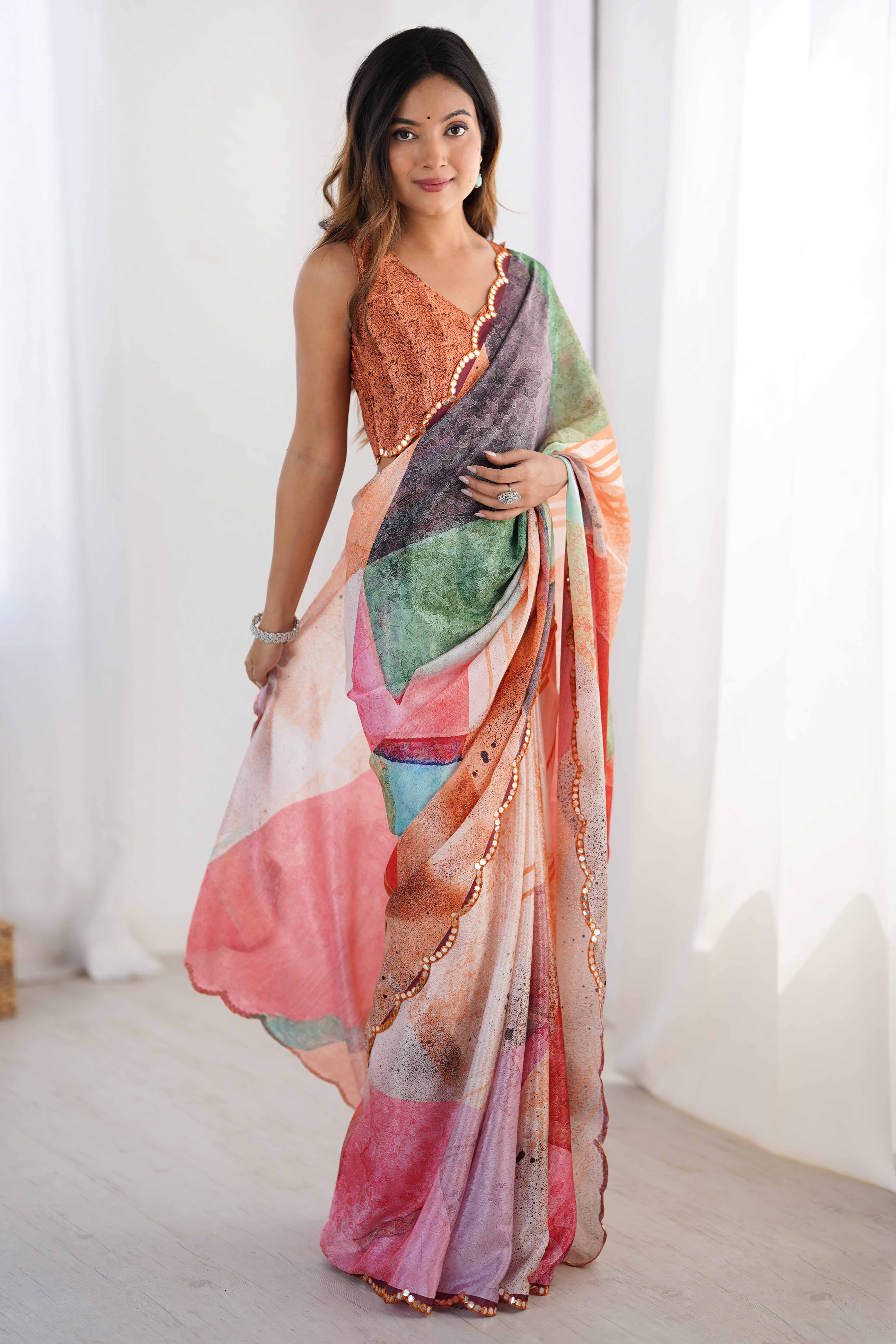 Multicolor Chinon Saree with Glimmering Kutchi Mirror Work and Print