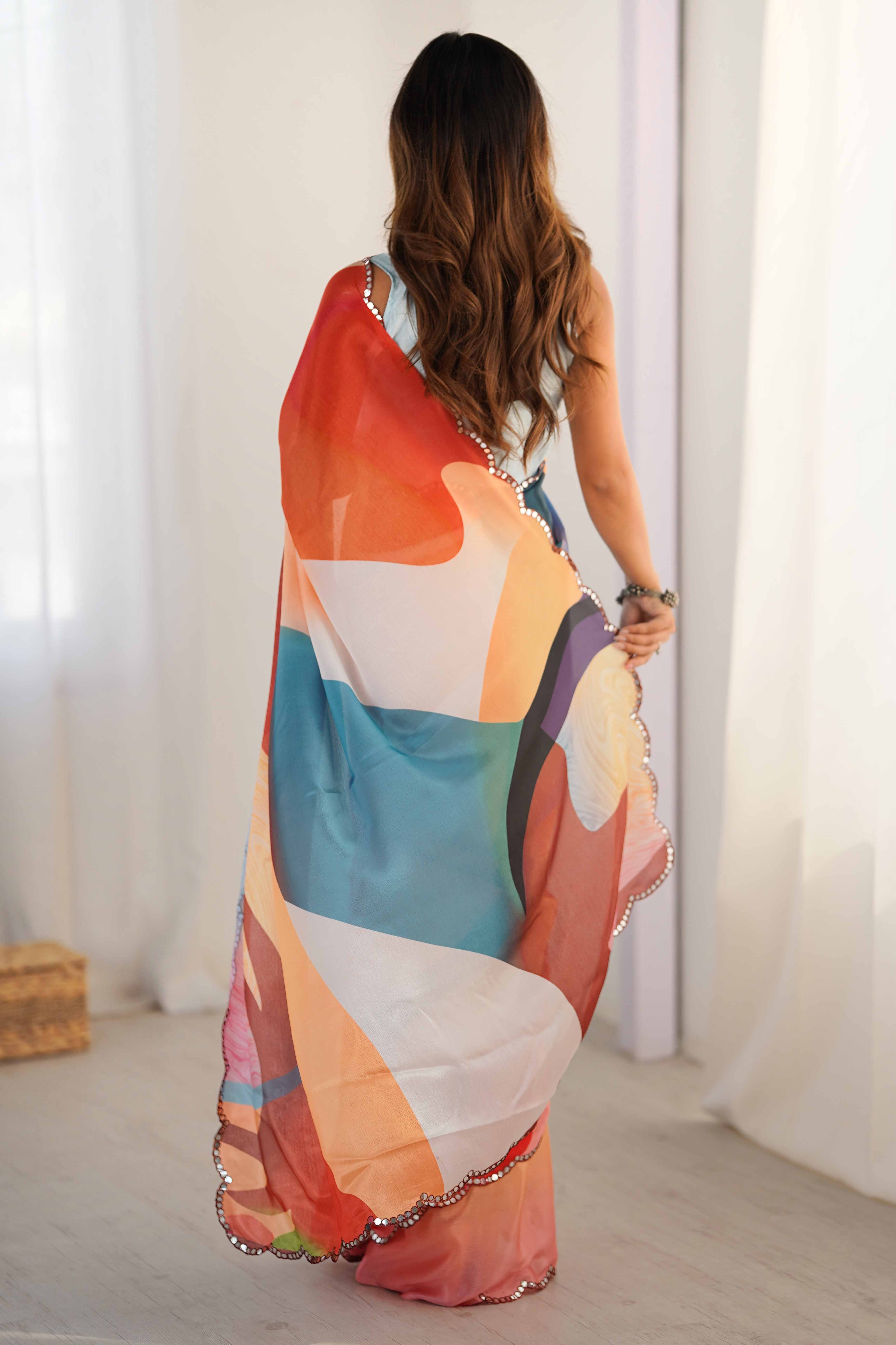 Multicolor Chinon Saree with Glimmering Kutchi Mirror Work and Print