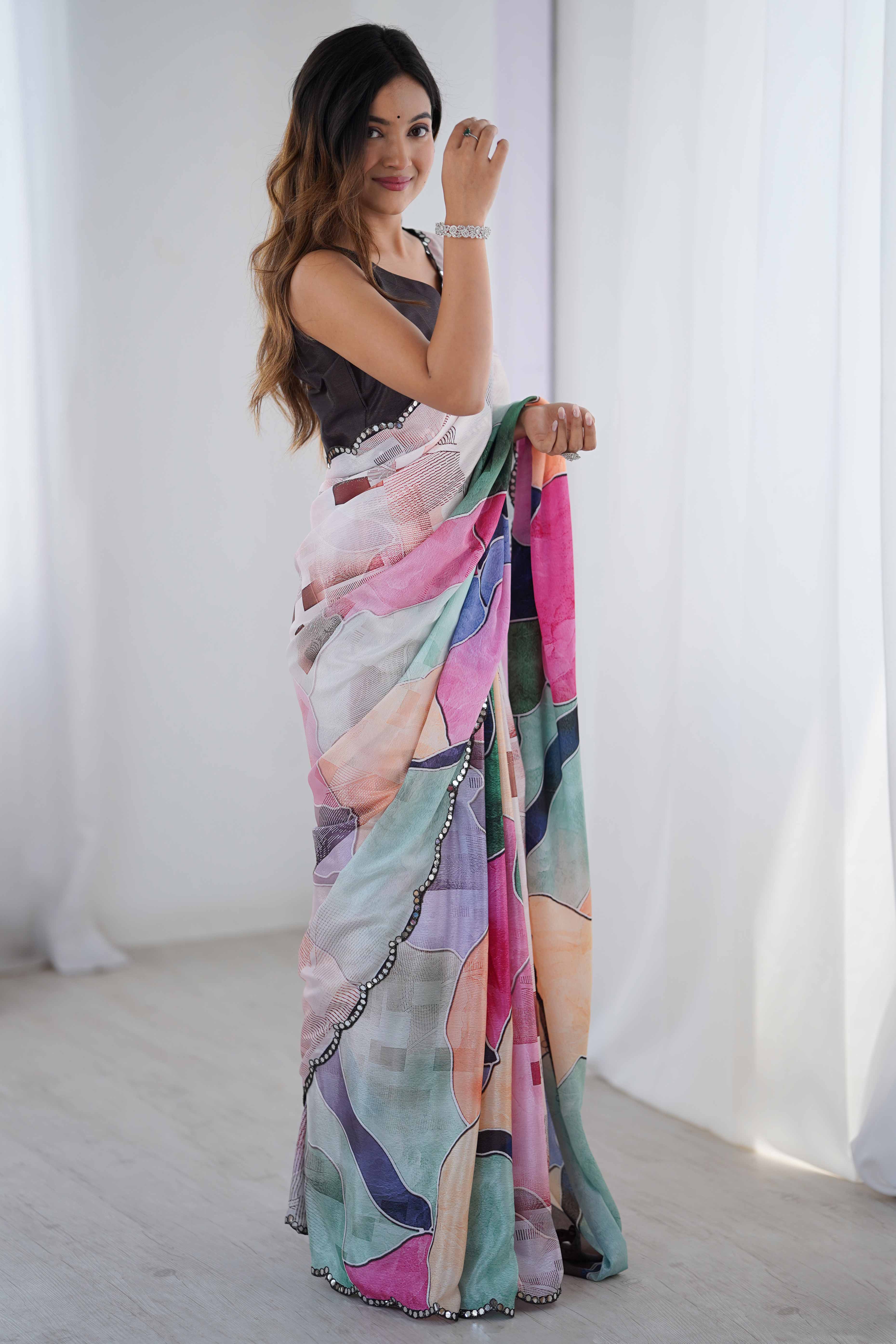 Pink Chinon Saree with Glimmering Kutchi Mirror Work and Print