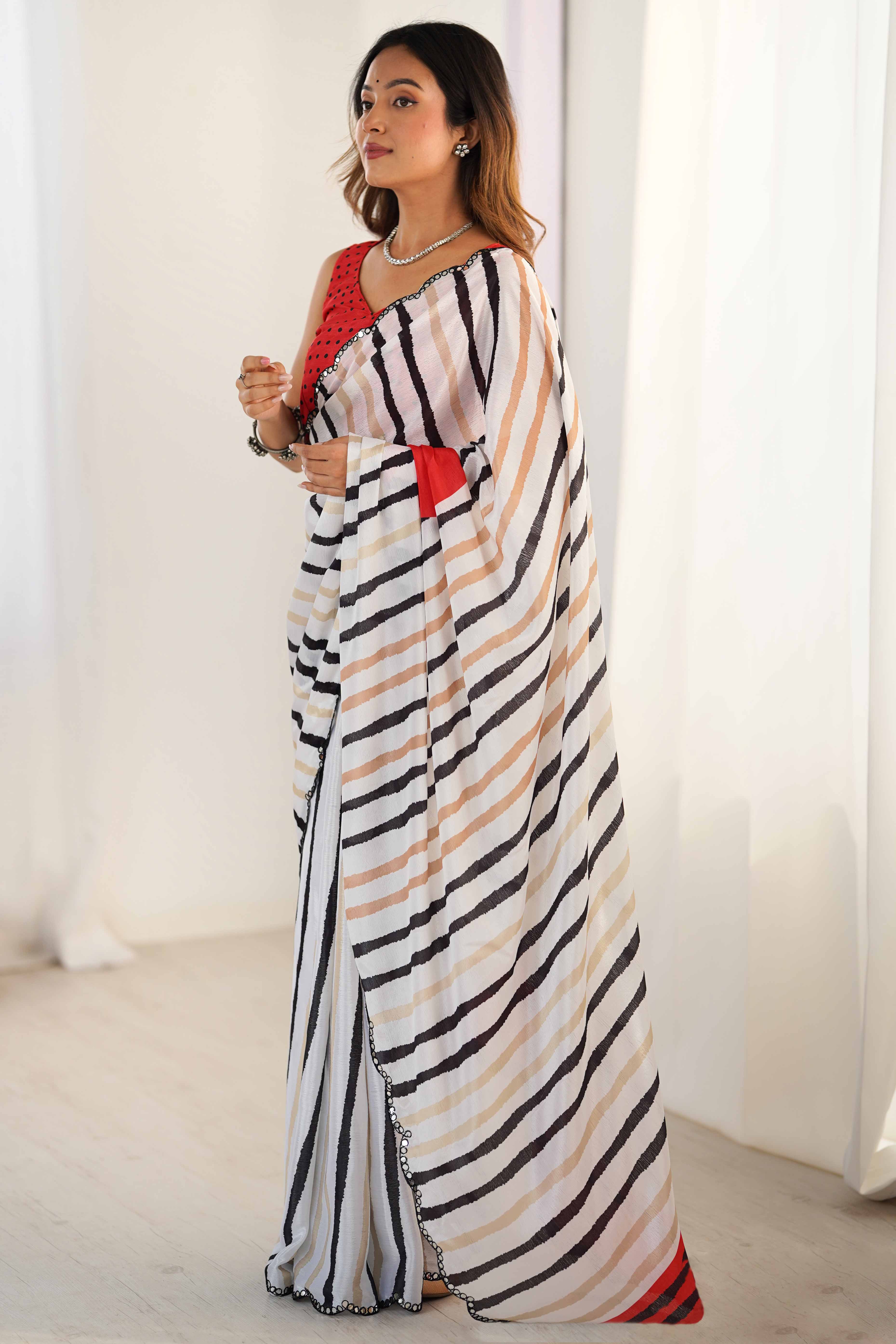 White & Black Chinon Saree with Glimmering Kutchi Mirror Work and Print