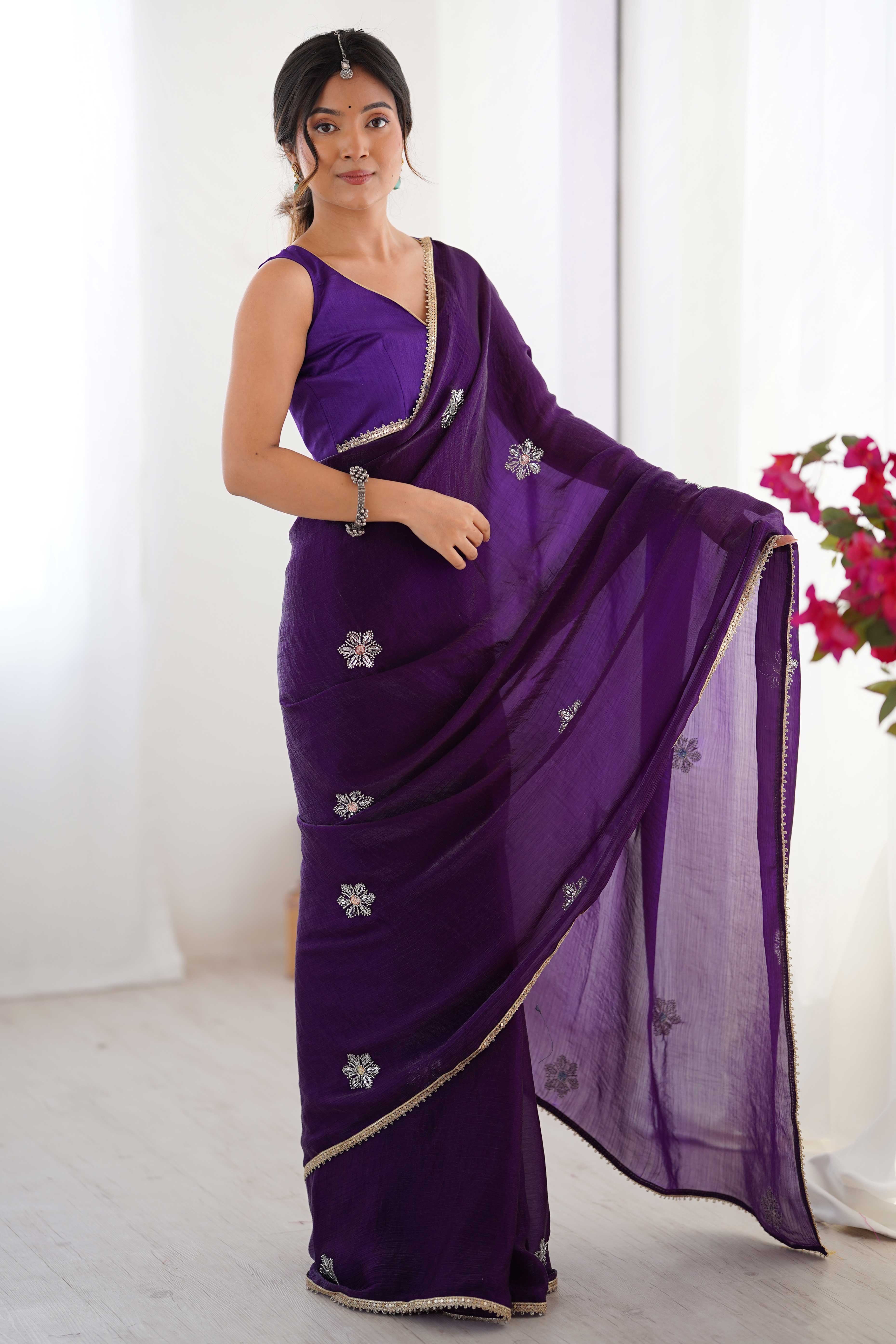 Deep Purple Organza Saree Embellished with Intricate Floral Work and Elegant Lace Detailing