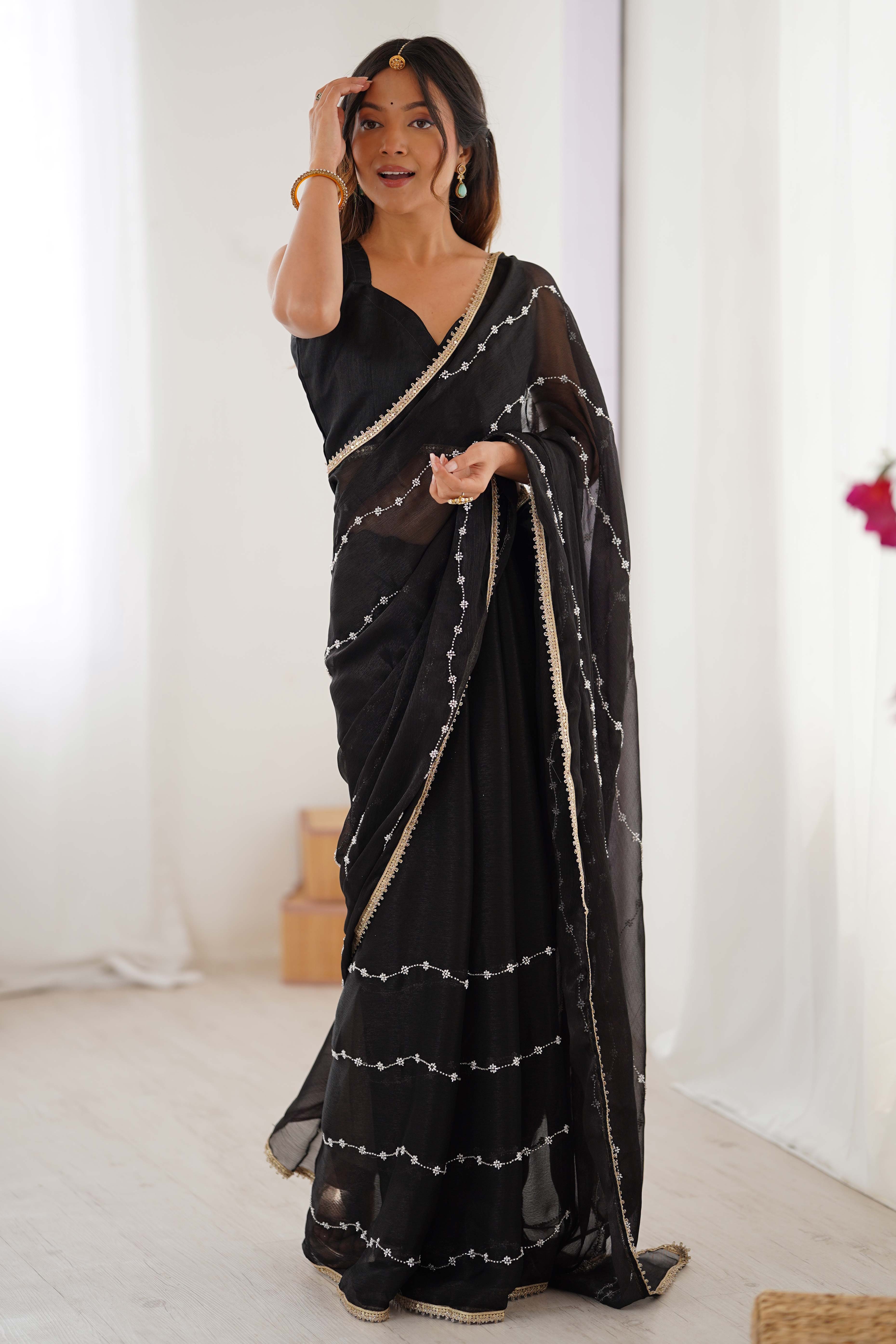 Black Embellished Organza Saree With Delicate Linear Beads & Stones detailing