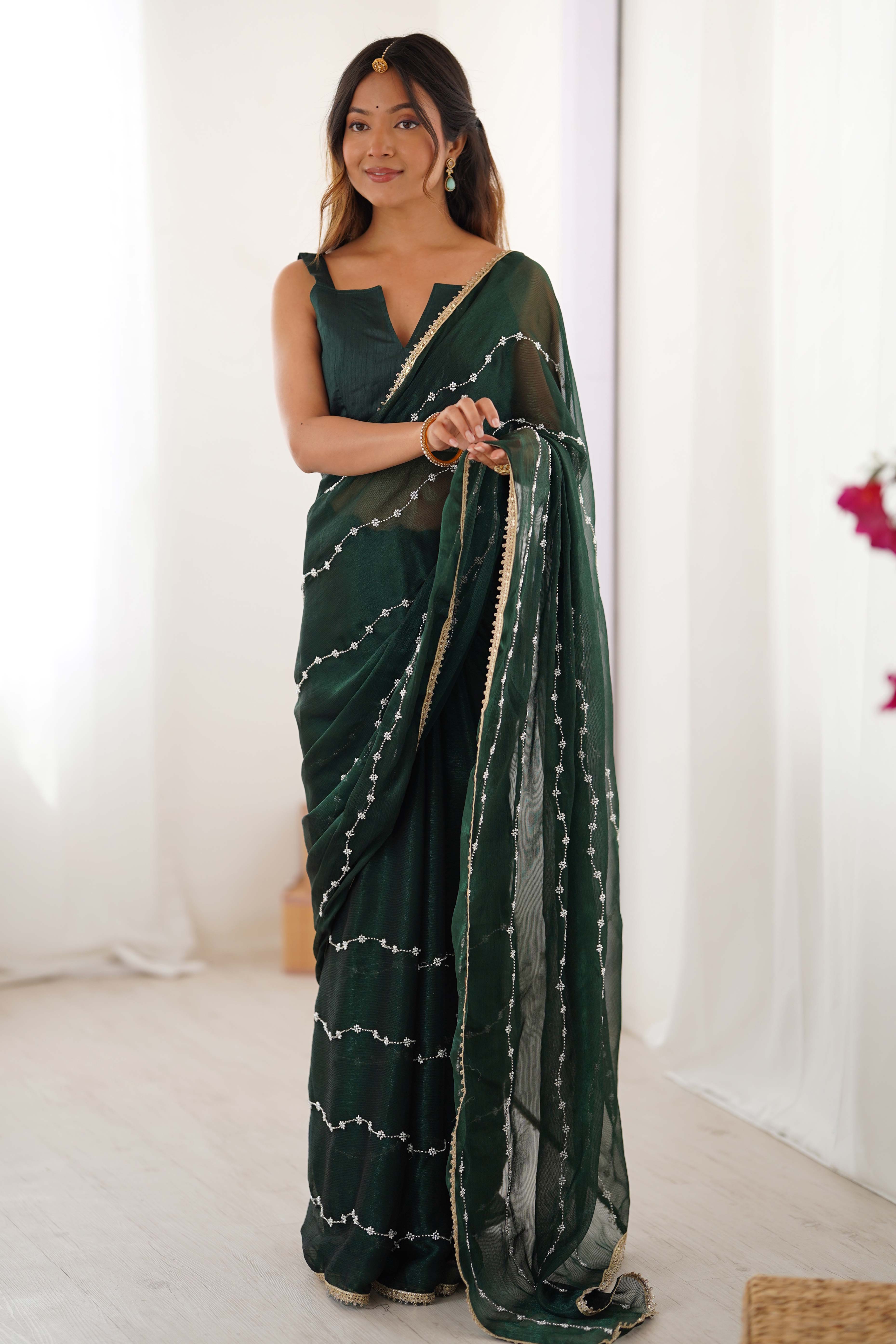 Green Embellished Organza Saree With Delicate Linear Beads & Stones detailing