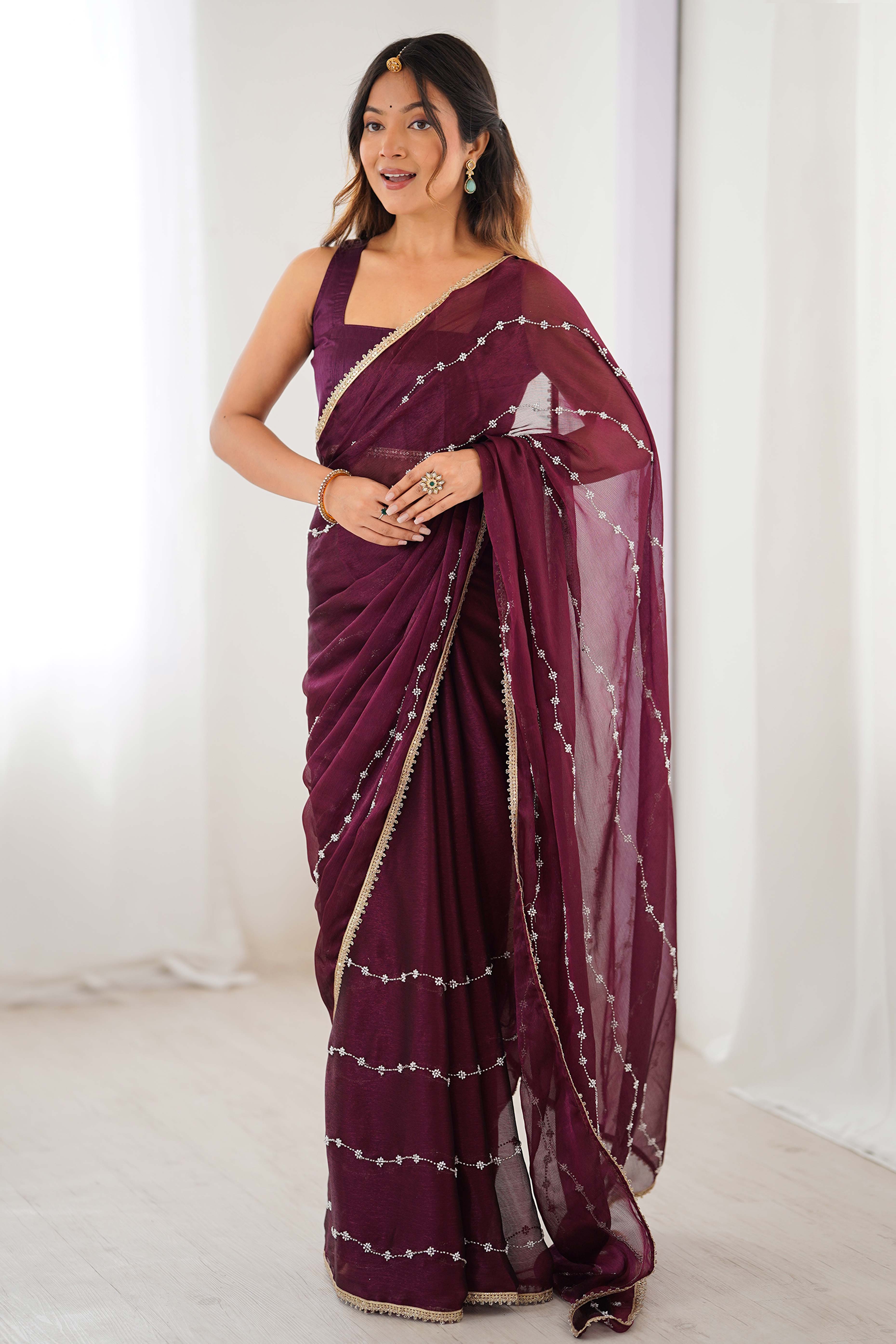 Wine Embellished Organza Saree With Delicate Linear Beads & Stones detailing