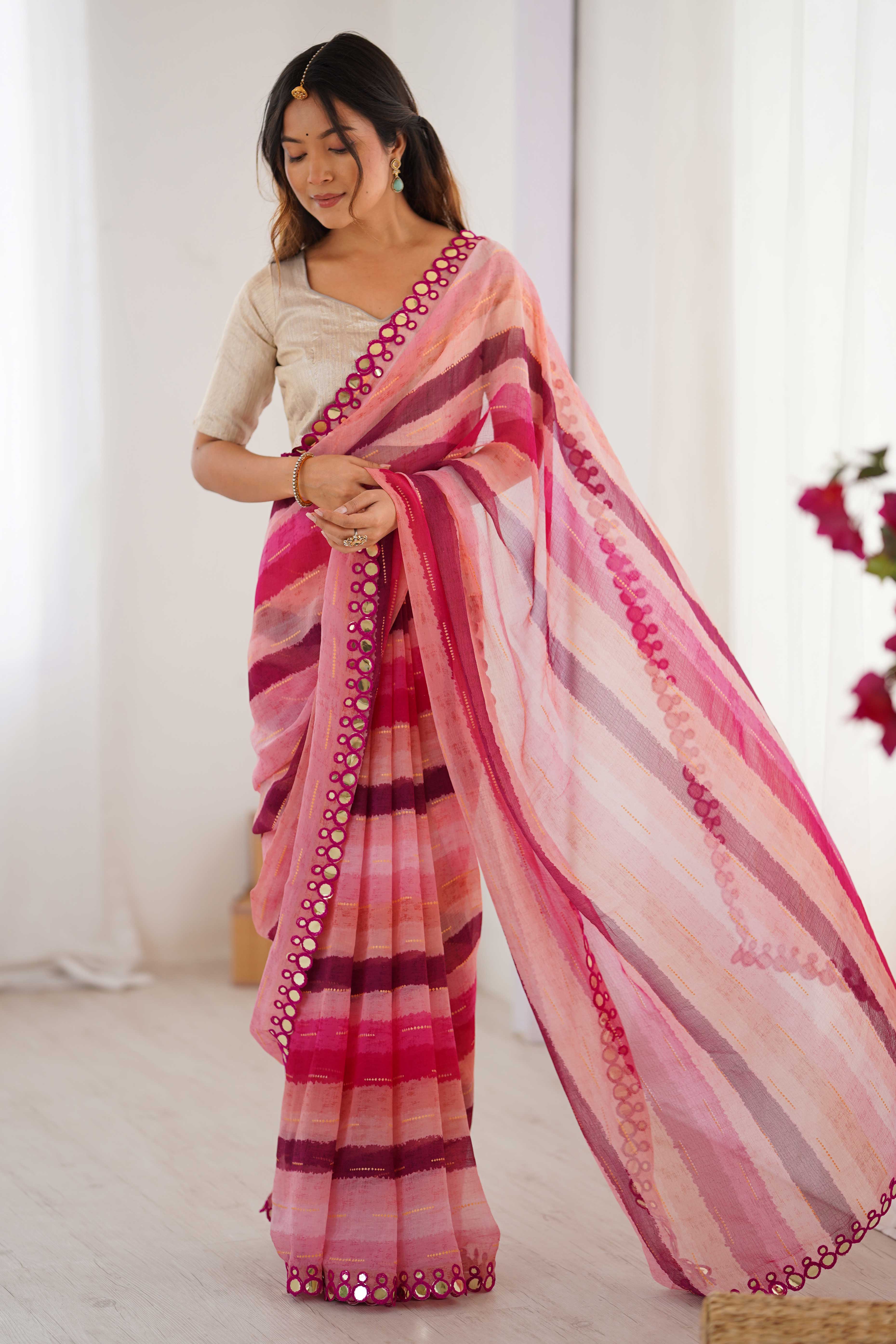 Soft Chiffon Pink Saree Featuring Classic Leheriya and Mirror Work Edges