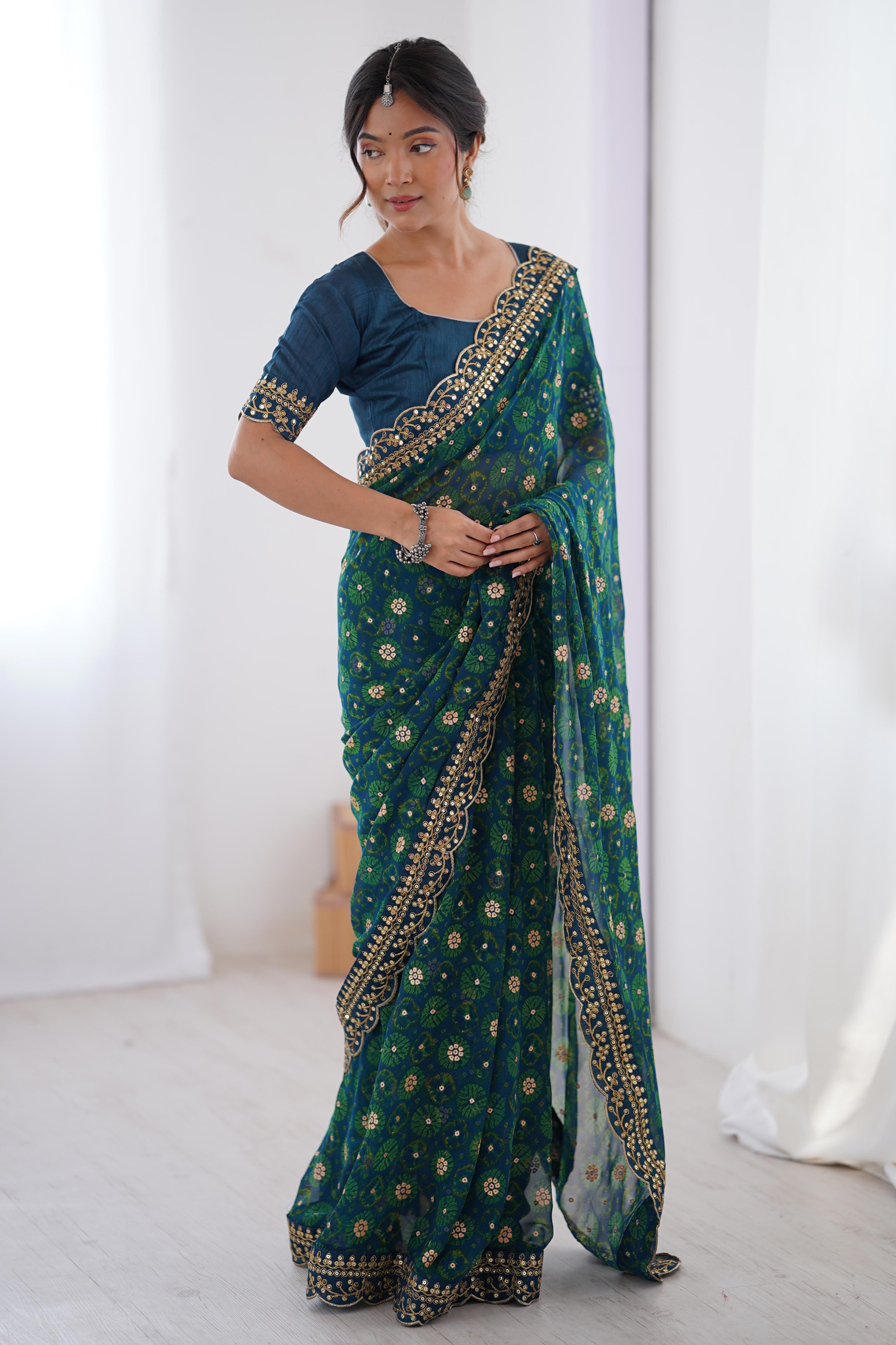 Soft Georgette Blue Saree with Playful Print and Delicate Sequin Lace Work