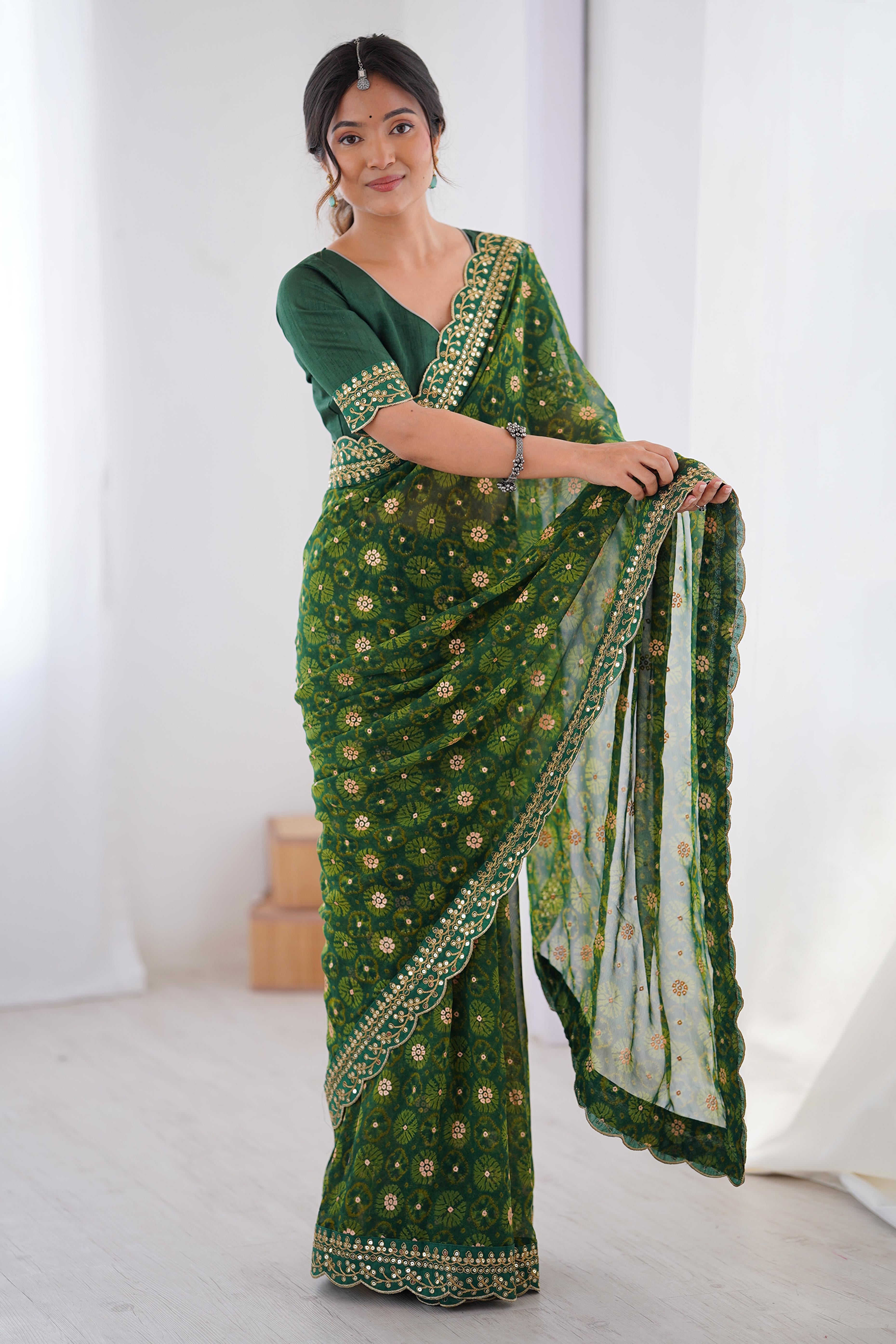 Soft Georgette Green Saree with Playful Print and Delicate Sequin Lace Work