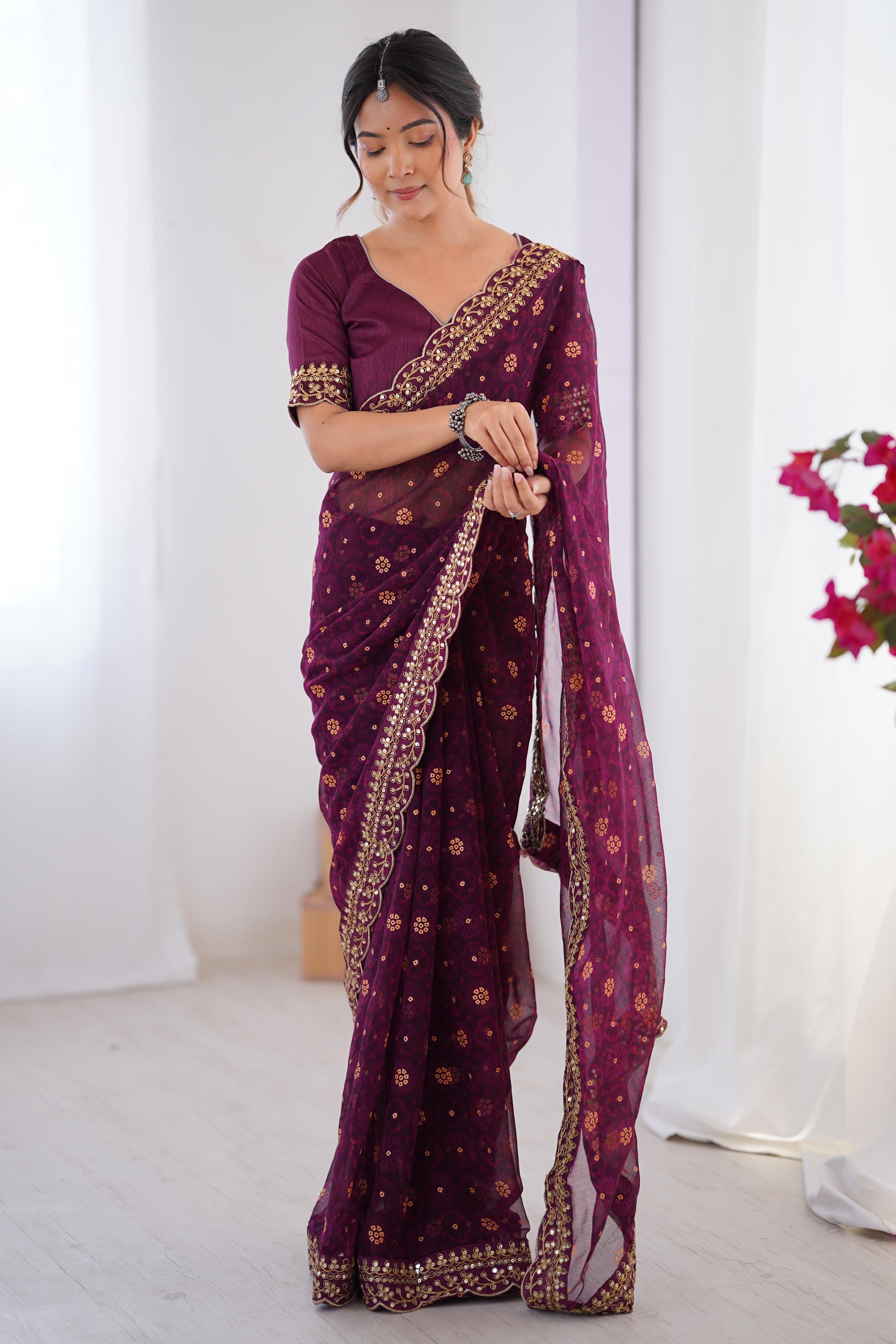 Soft Georgette Wine Saree with Playful Print and Delicate Sequin Lace Work