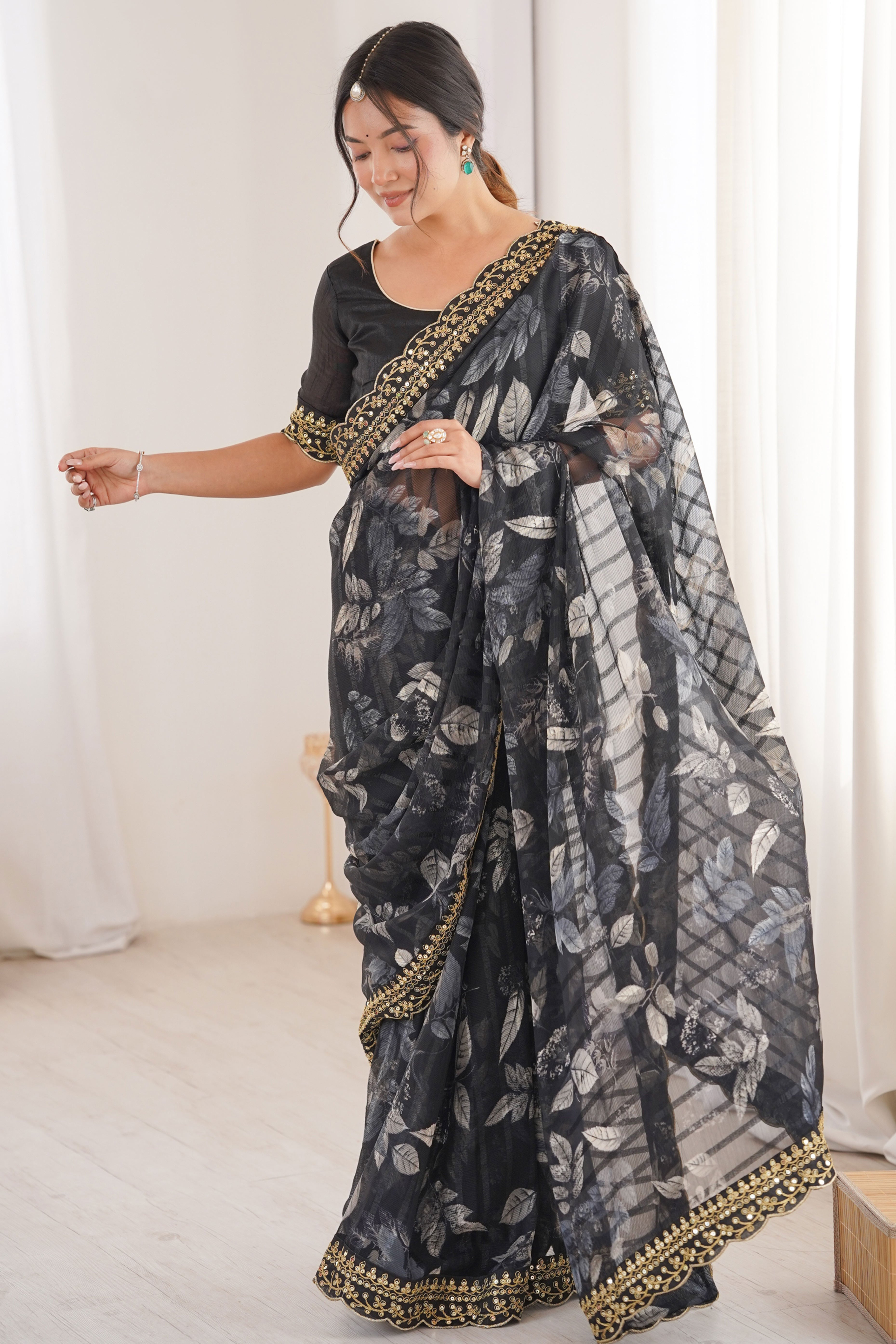 Elegant Black Leaf & Floral Print Georgette Saree With Intricate Cording Sequins Embroidery Border