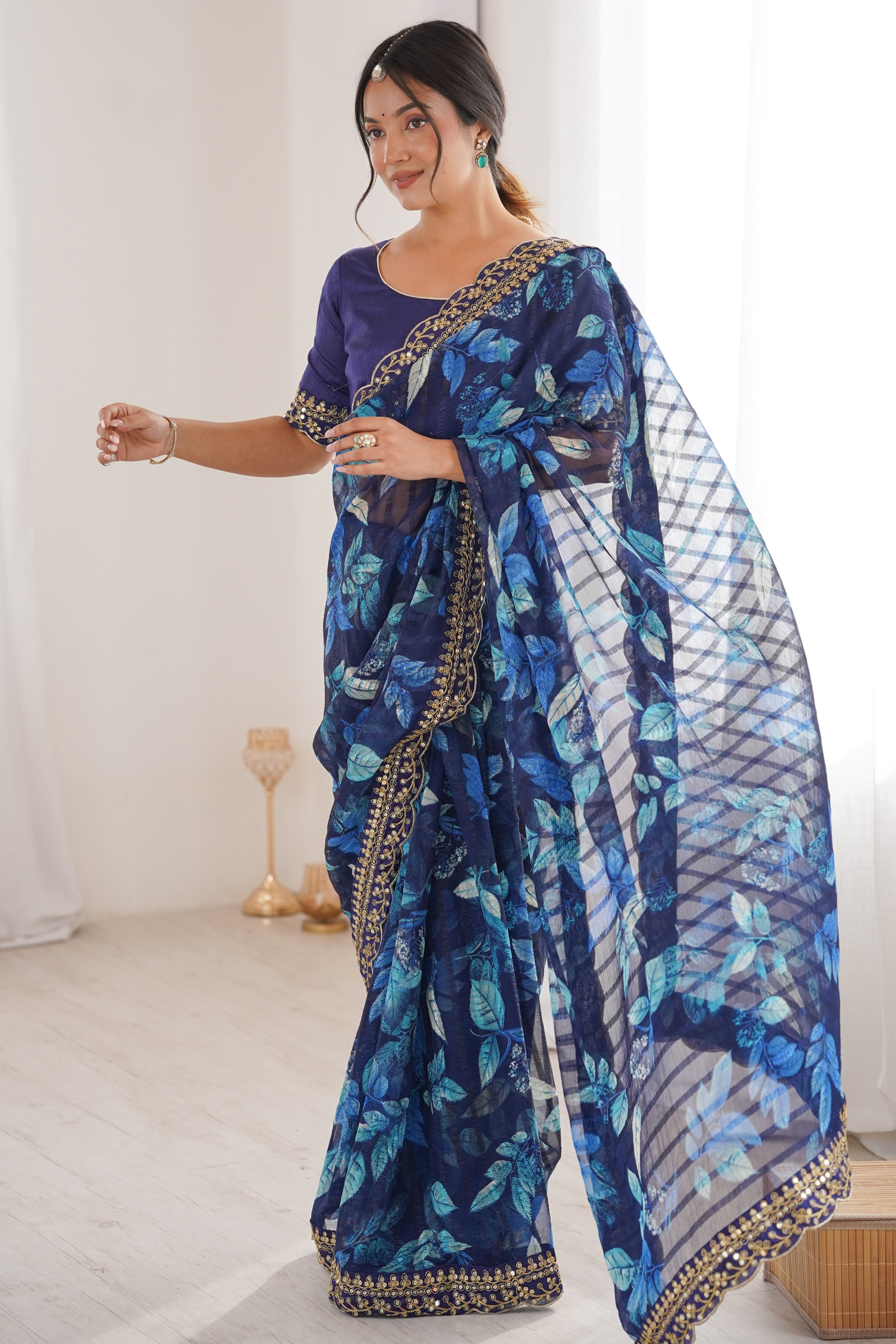Elegant Blue Leaf & Floral Print Georgette Saree With Intricate Cording Sequins Embroidery Border