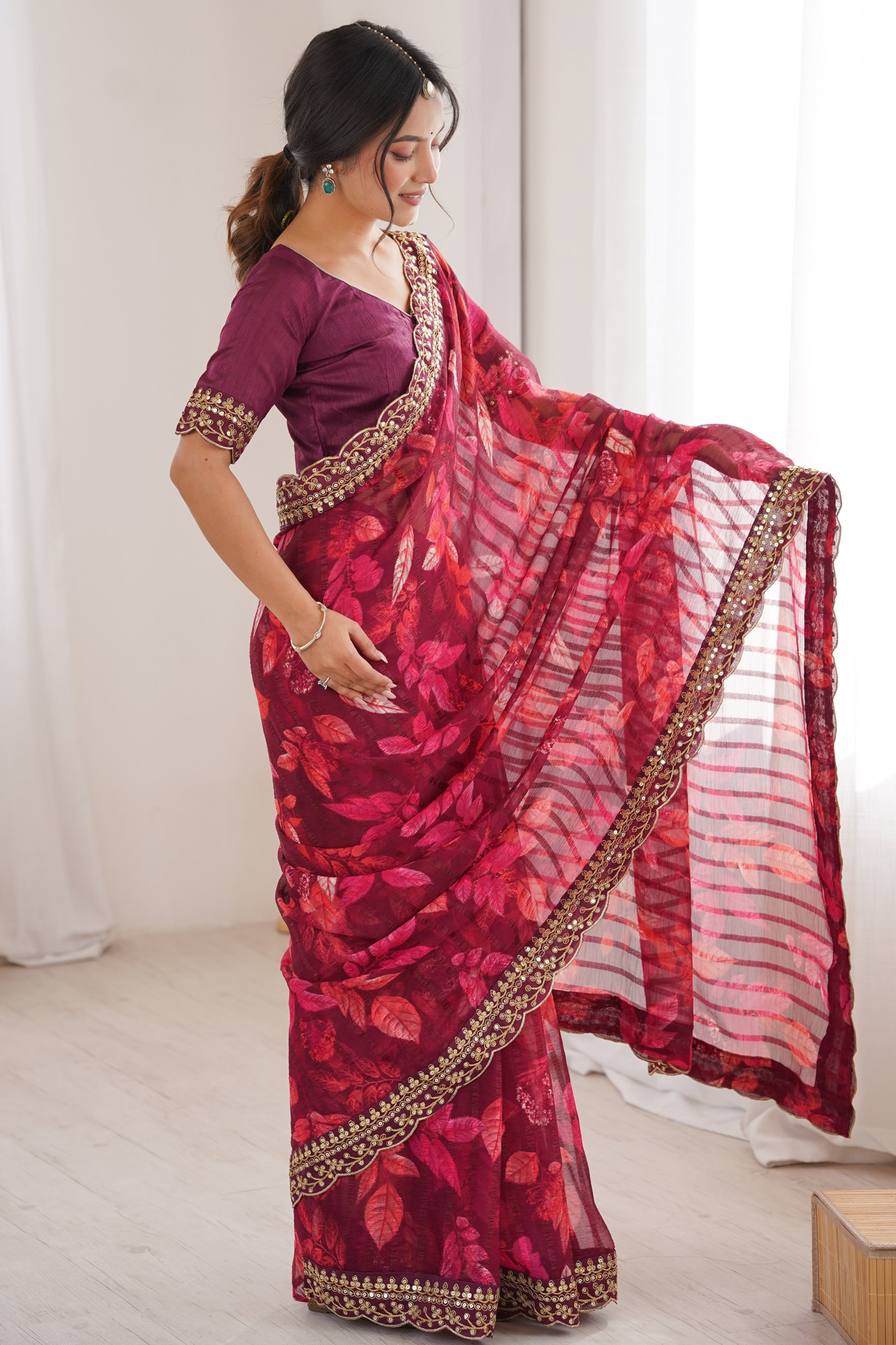 Elegant Wine Leaf & Floral Print Georgette Saree With Intricate Cording Sequins Embroidery Border