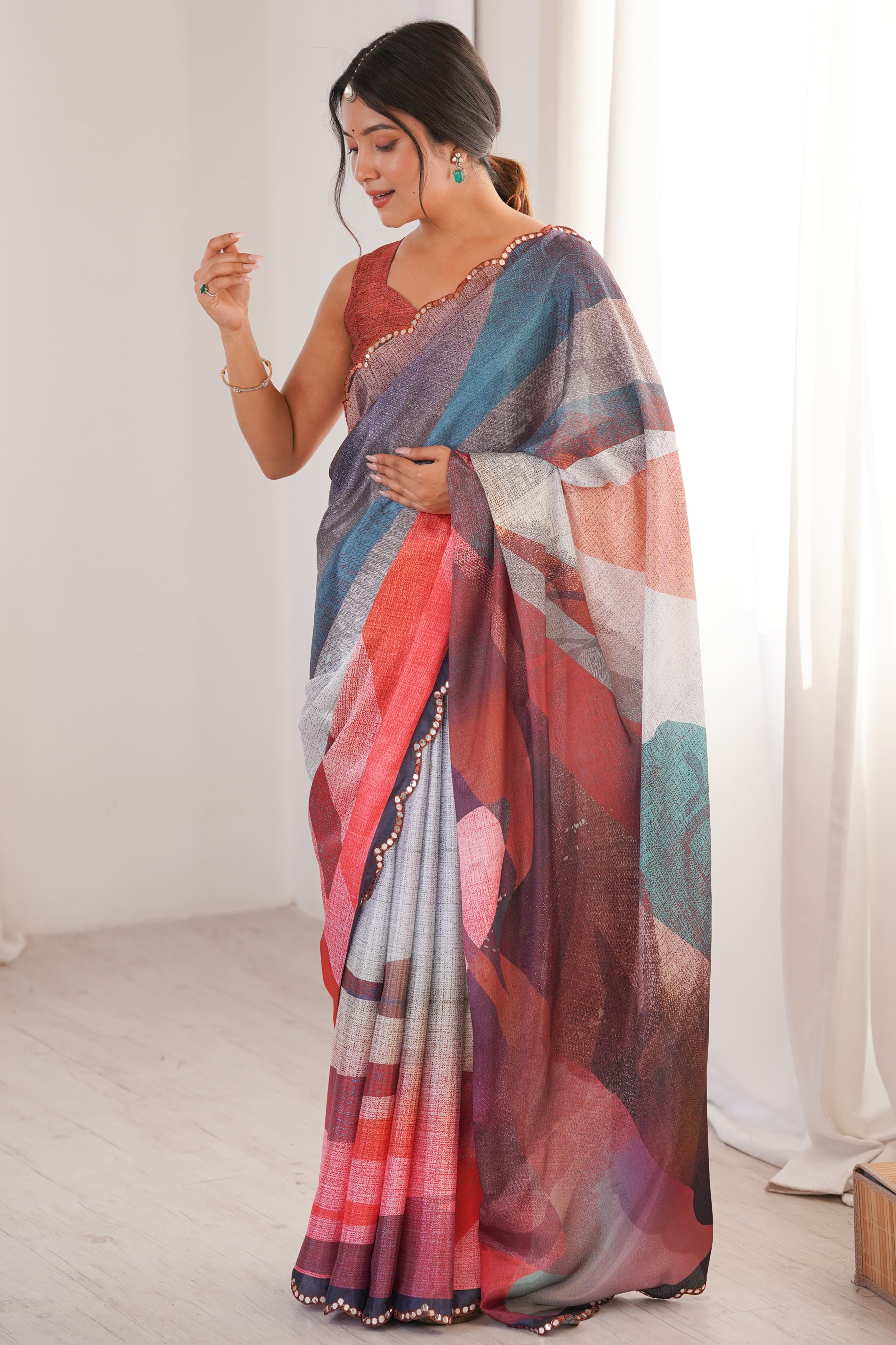 Vibrant Multicolor Digital Printed Chinon Saree Accented With Elegant Embroidered Border Work