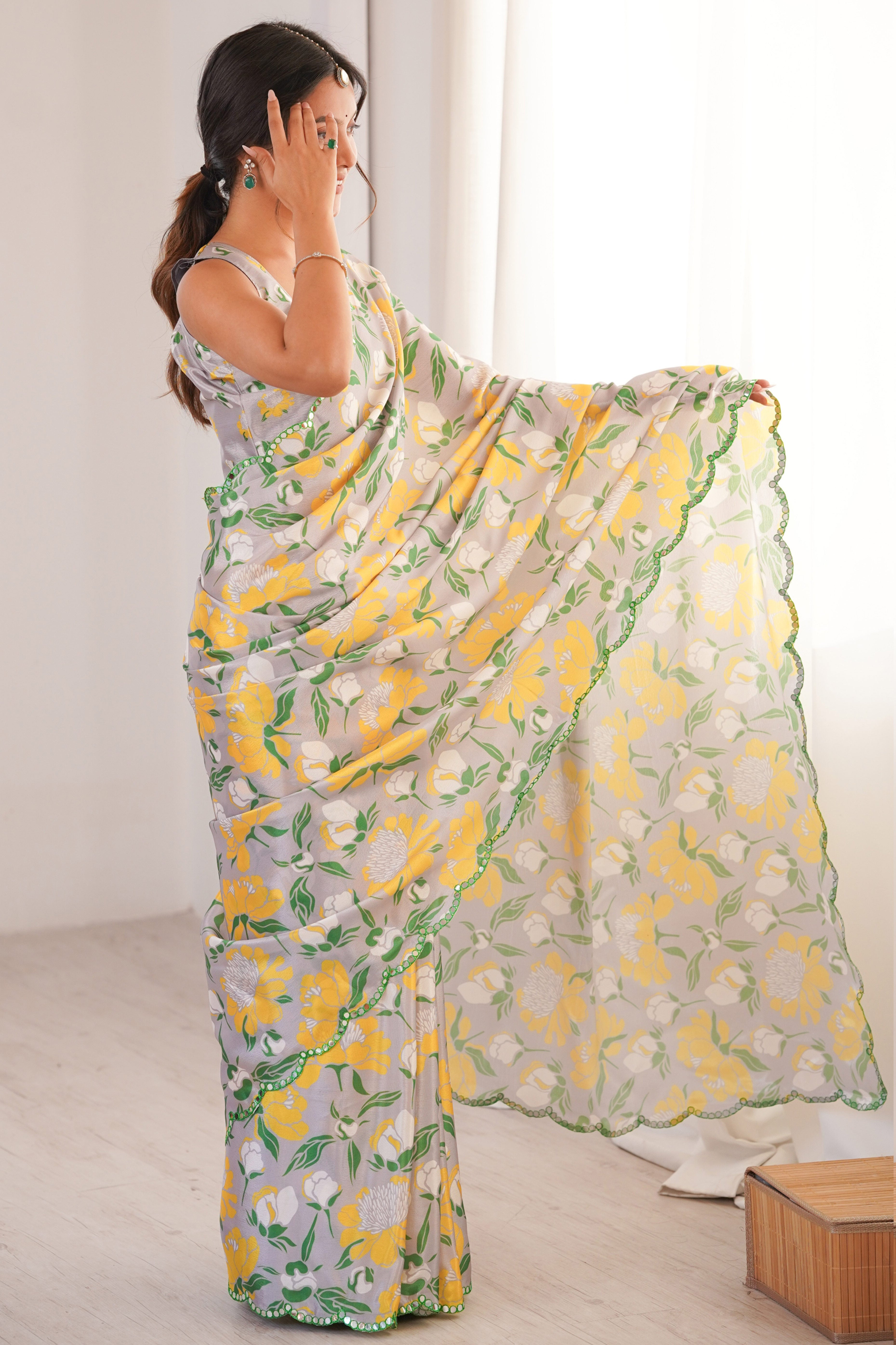 Luxury Grey Floral Digital Printed Chinon Saree Showcasing Elegant Embroidered Border Detailing