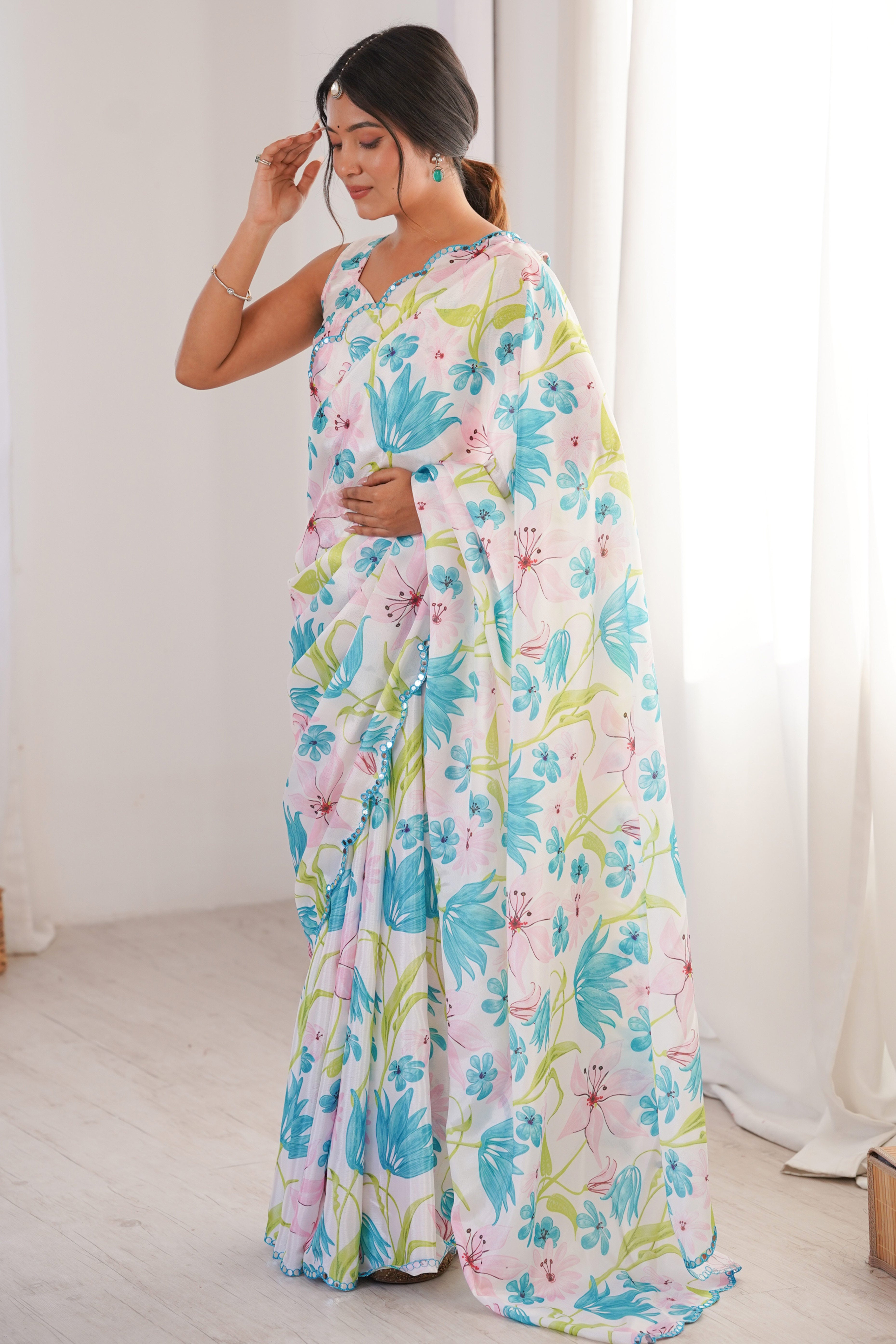 Opulent White Floral Digital Printed Chinon Saree Enhanced With Premium Embroidered Border