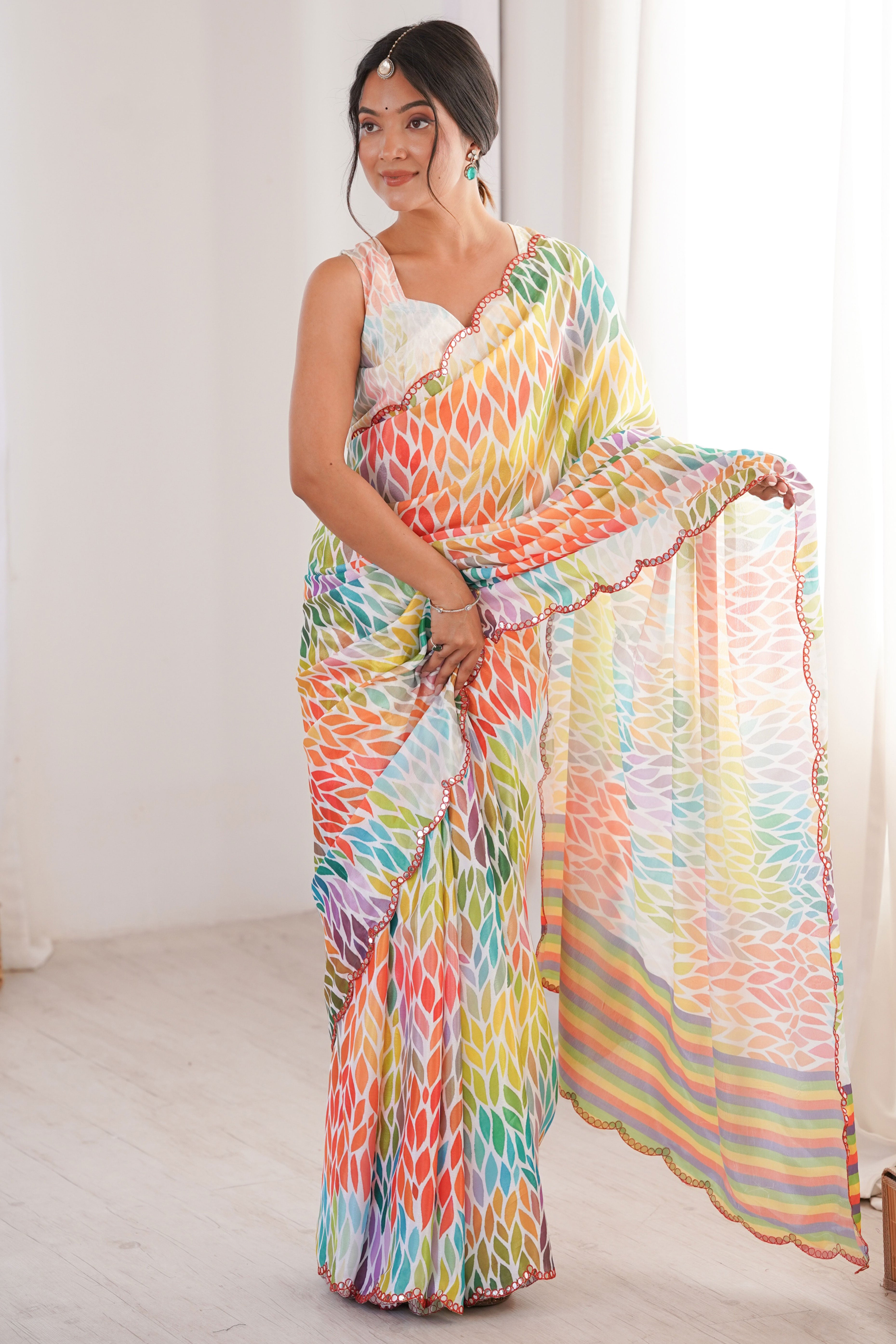 Timeless Multicolor Digital Printed Chinon Saree Enhanced With Fine Embroidered Border Accents