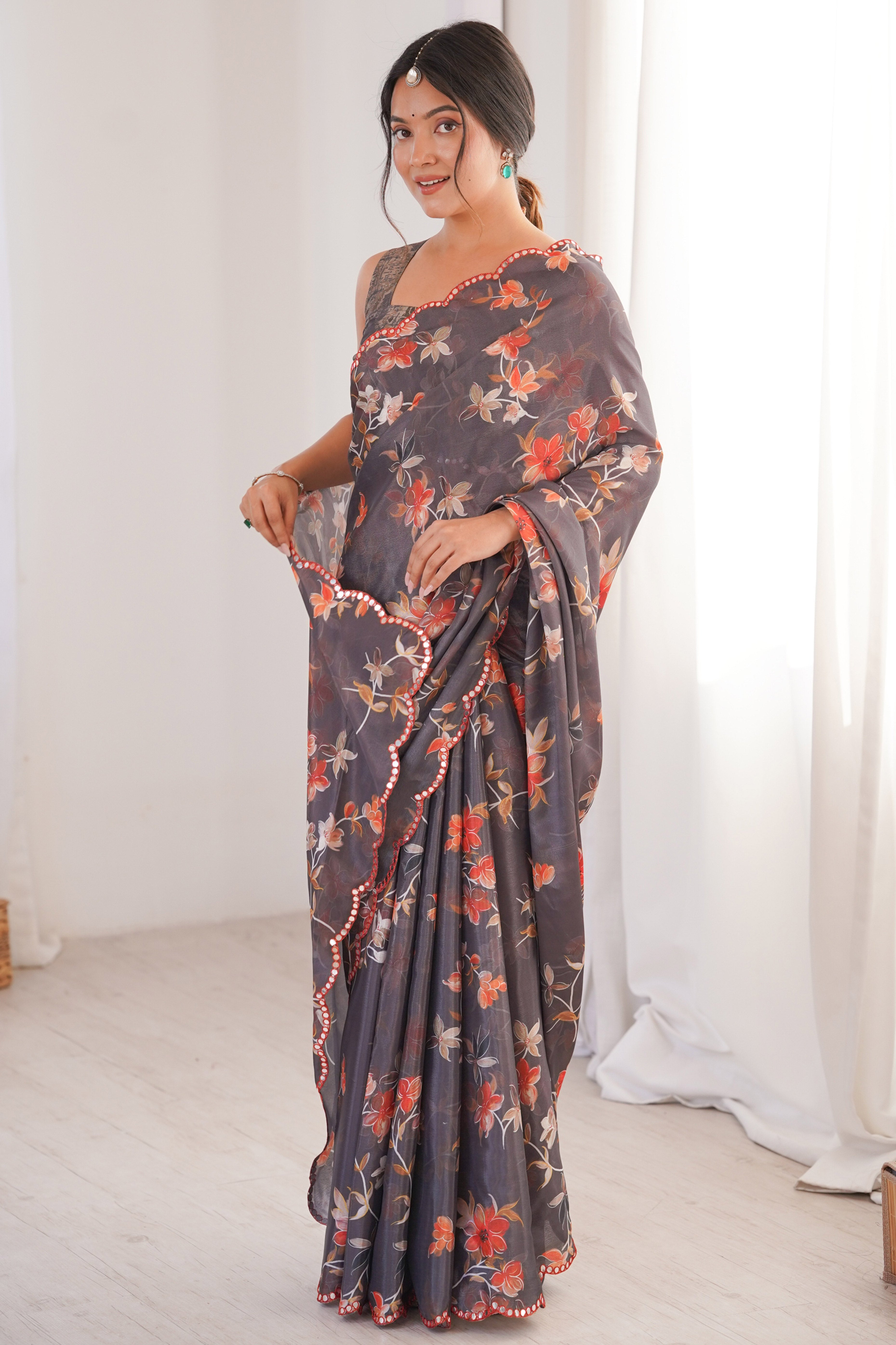 Graceful Grey Floral Digital Printed Chinon Saree Highlighted By Delicate Embroidered Border