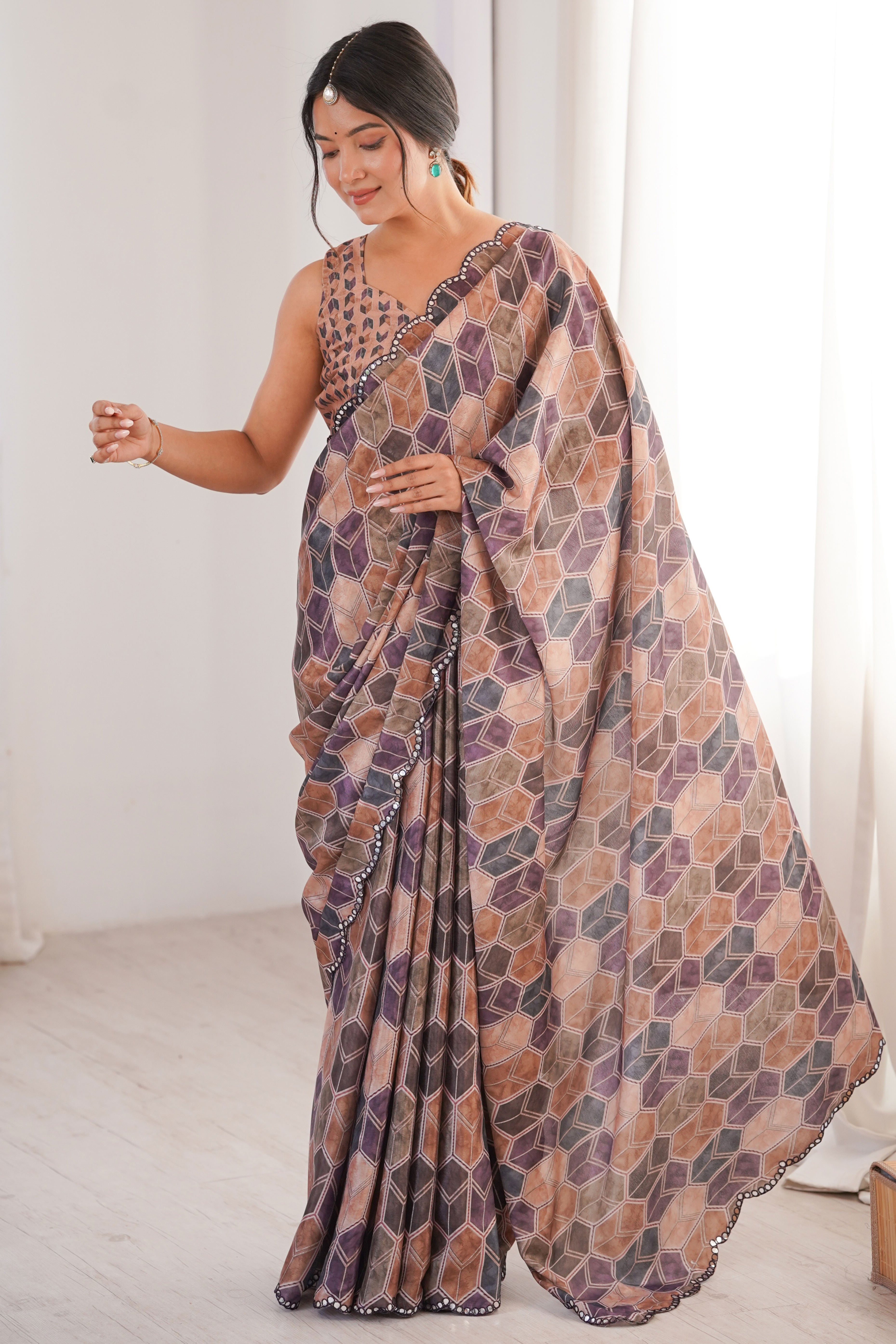 Vibrant Multicolor Geometric Digital Printed Chinon Saree Accented With Exquisite Embroidered Border