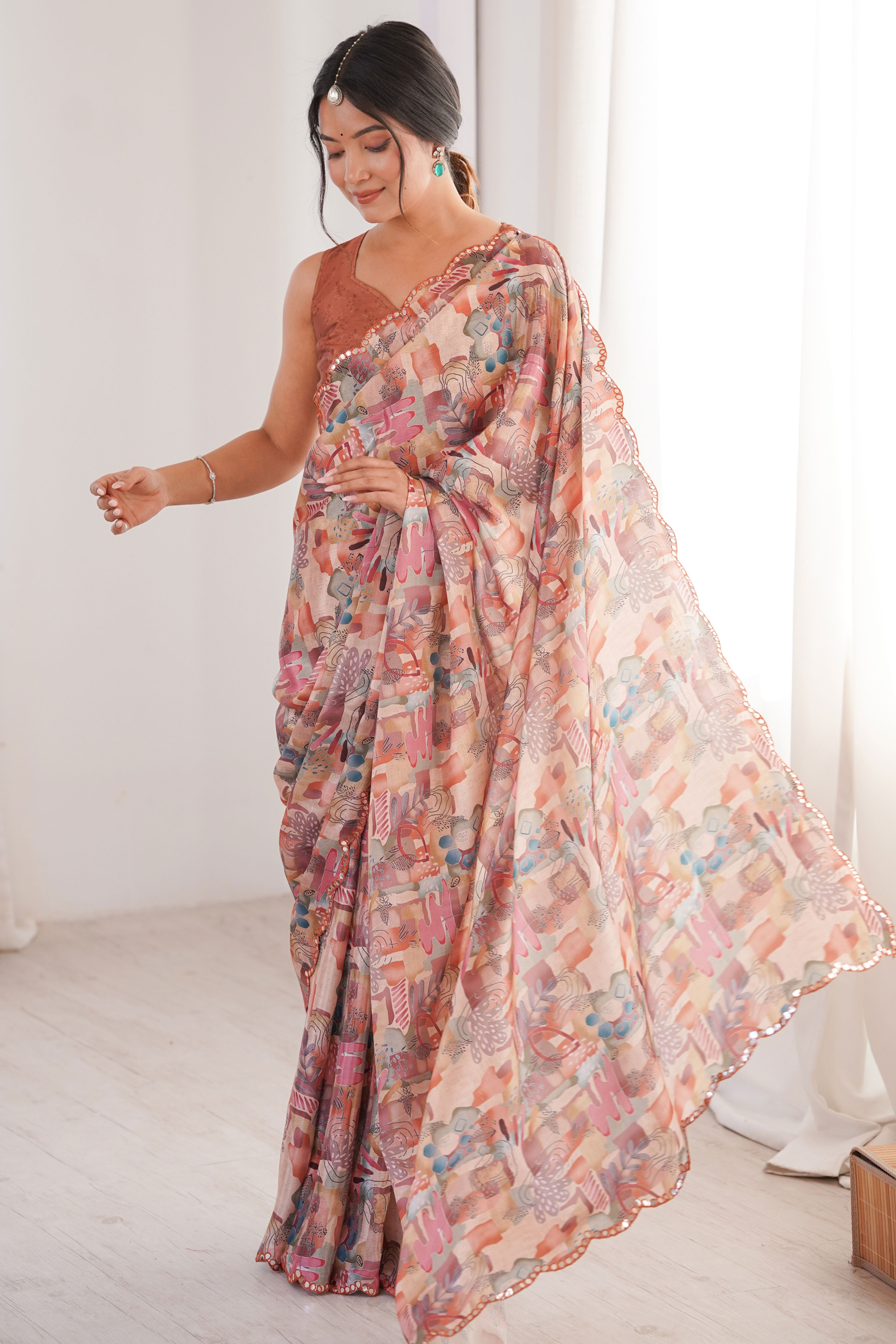 Refined Peach Digital Printed Chinon Saree Showcasing Artistic Embroidered Border Detailing