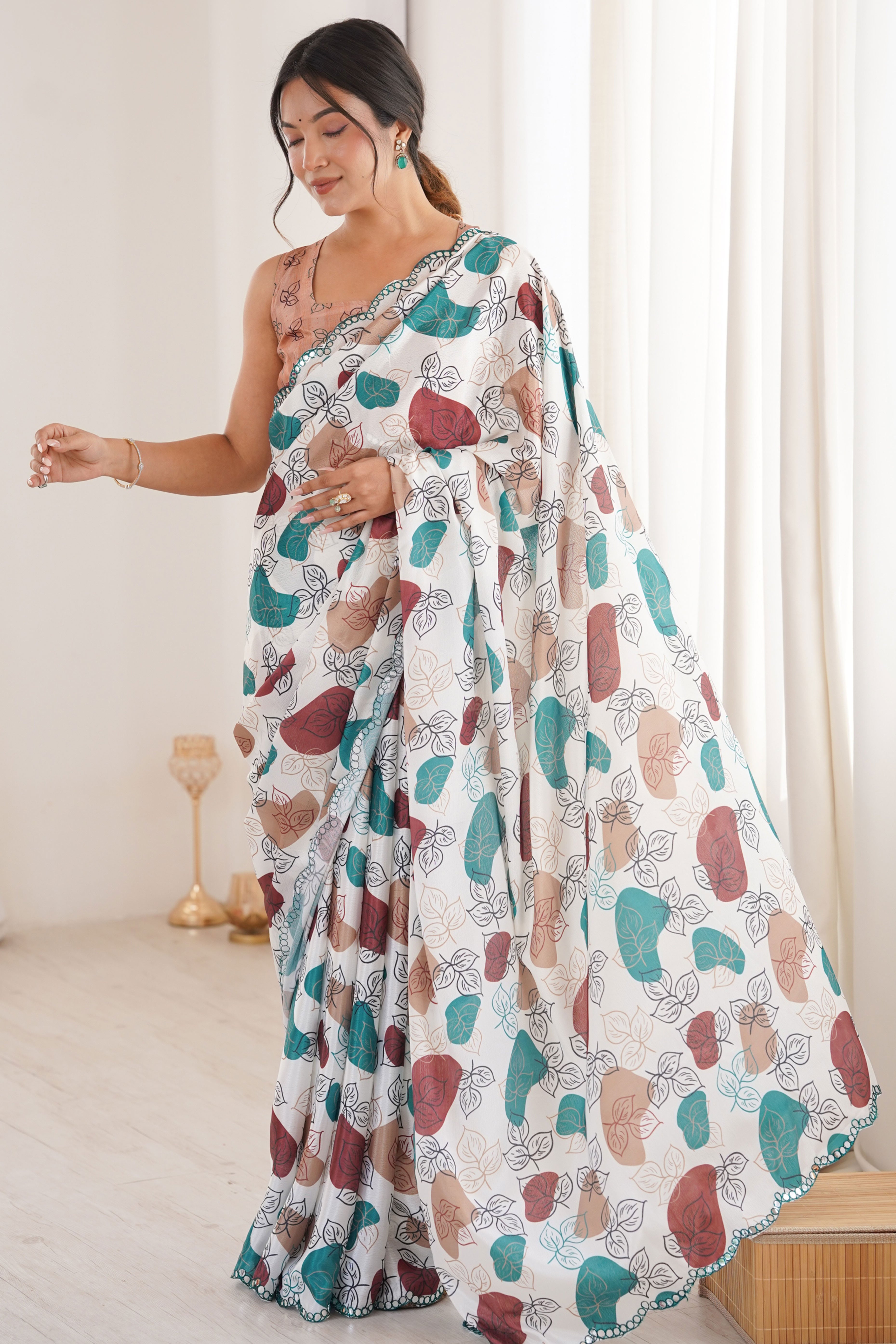 Ethereal White Leaf Digital Printed Chinon Saree Accented By Elegant Finished Embroidered Border