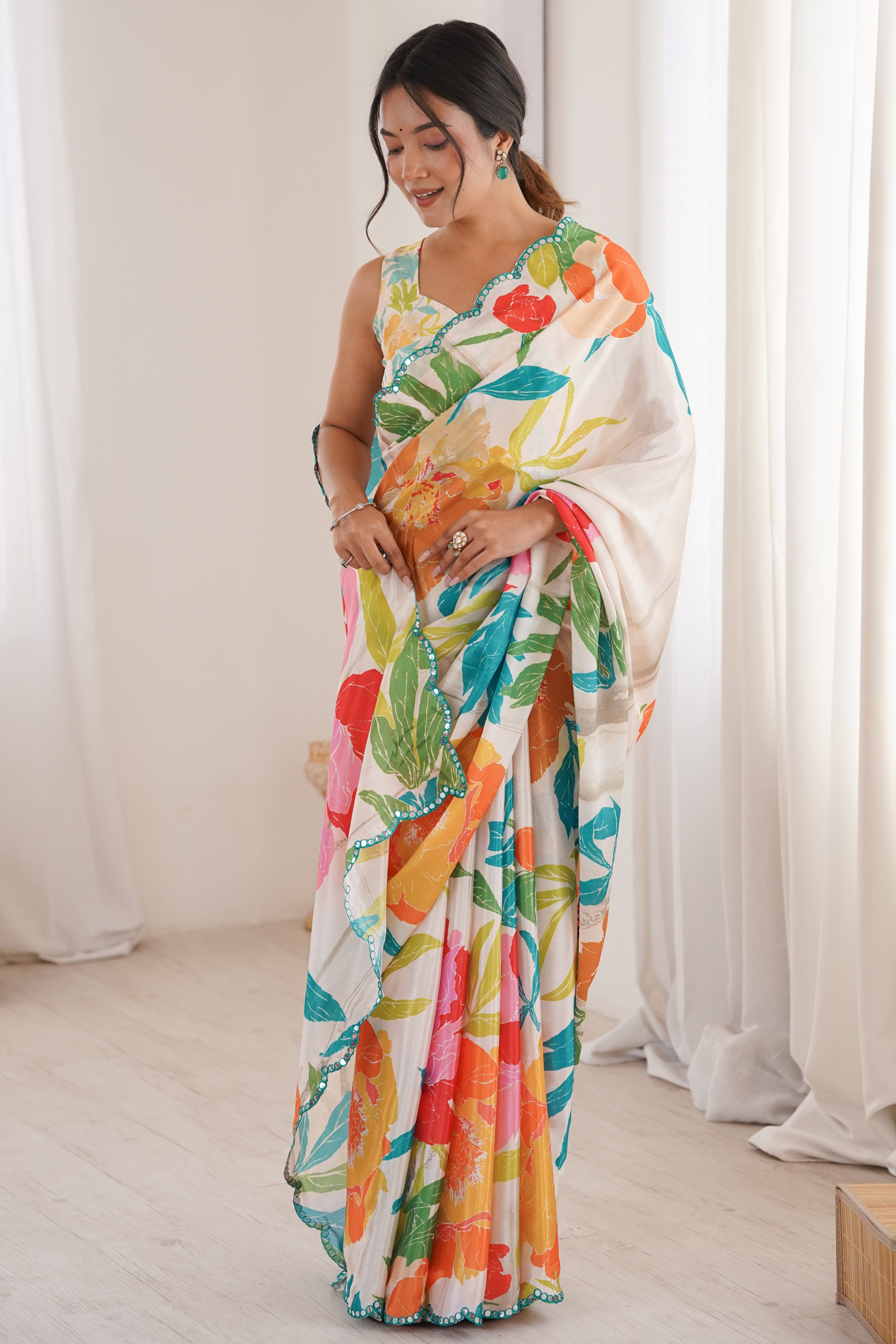 Chic Multicolor Floral Digital Printed Chinon Saree With Handcrafted Embroidered Border Elegance