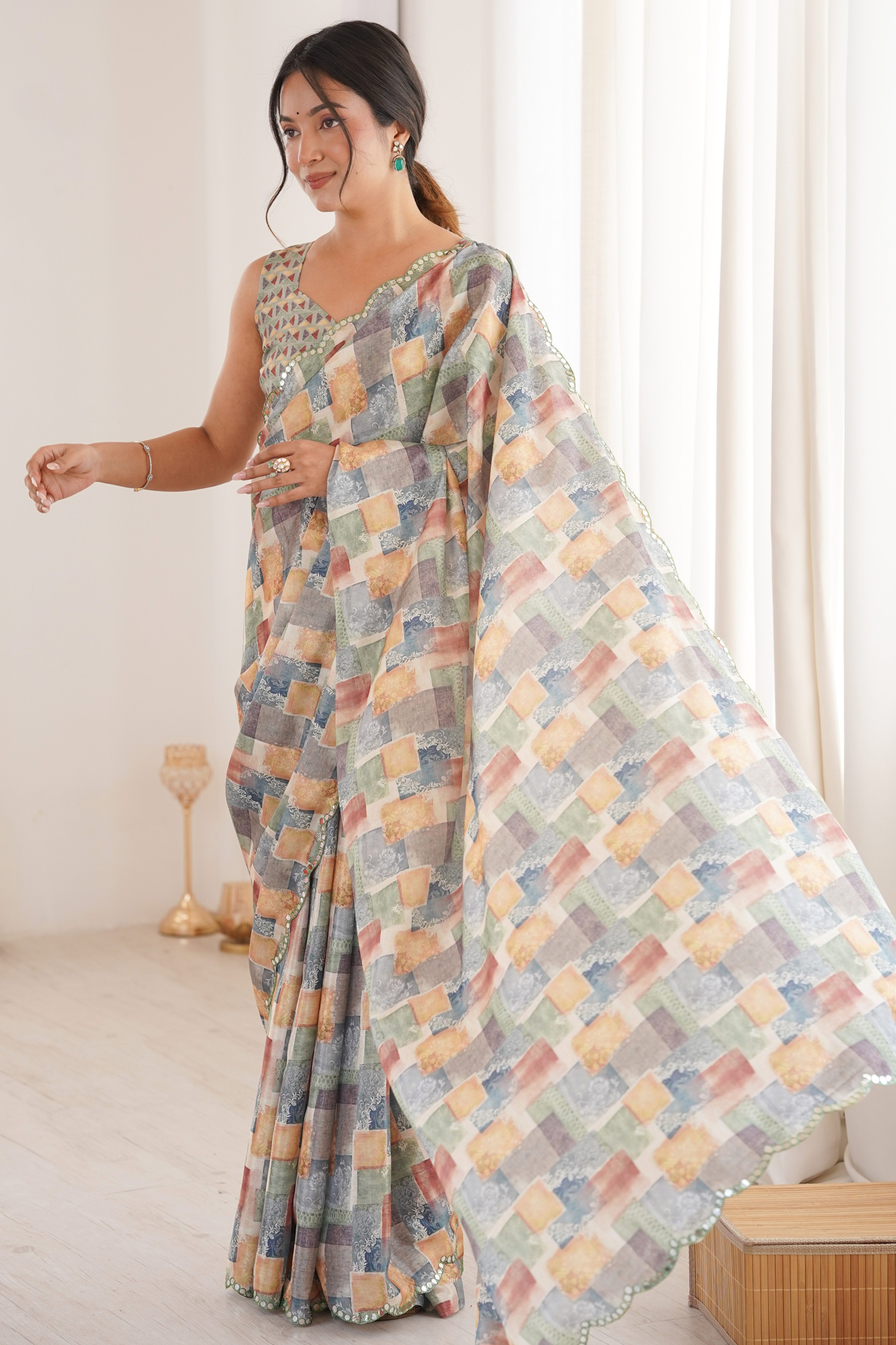 Exquisite Multicolor Geometric & Floral Digital Printed Chinon Saree With Elegant Embroidered Border
