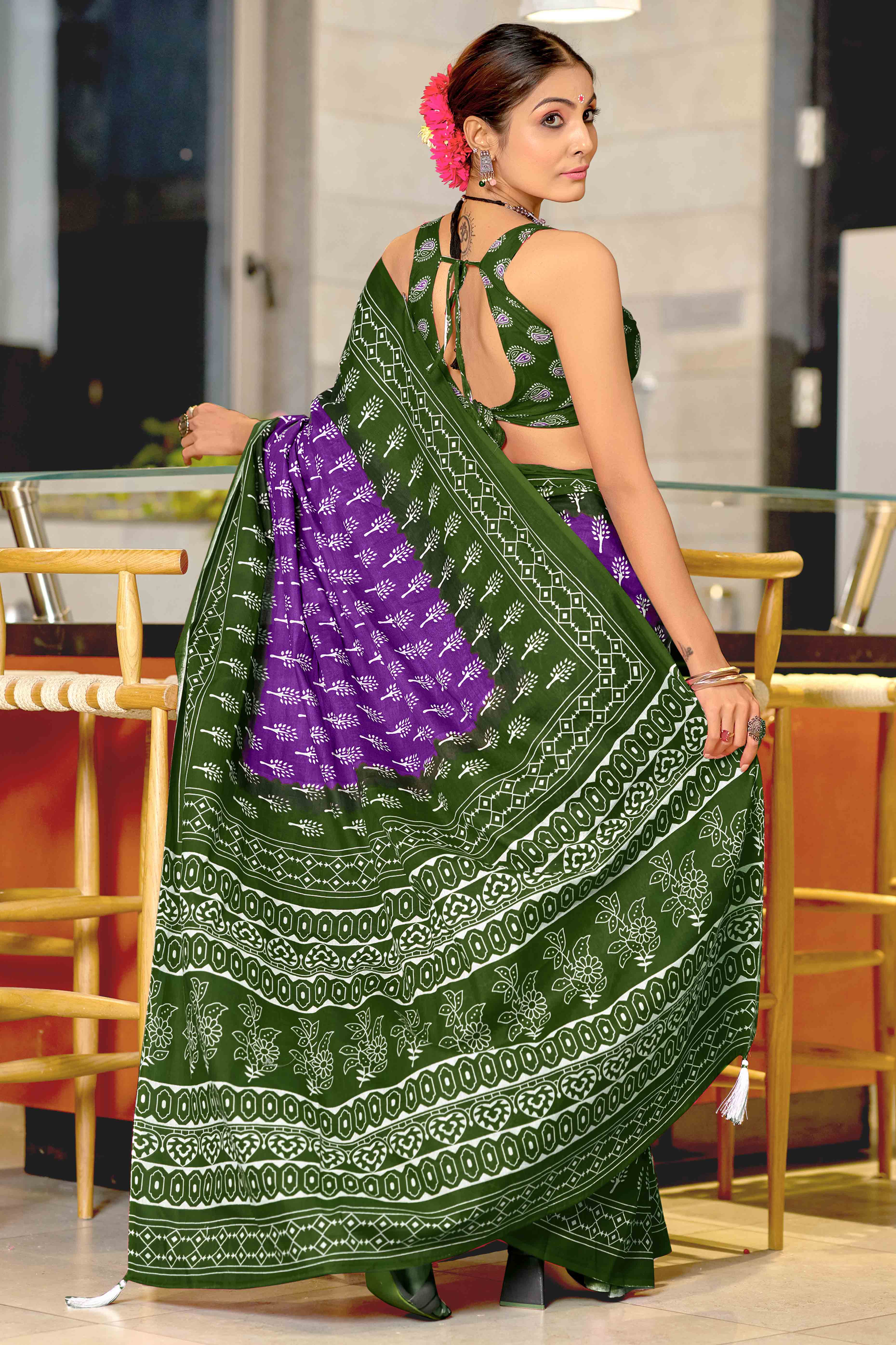 Fresh Green & Purple Soft Cotton Saree with All-Over Floral Prints