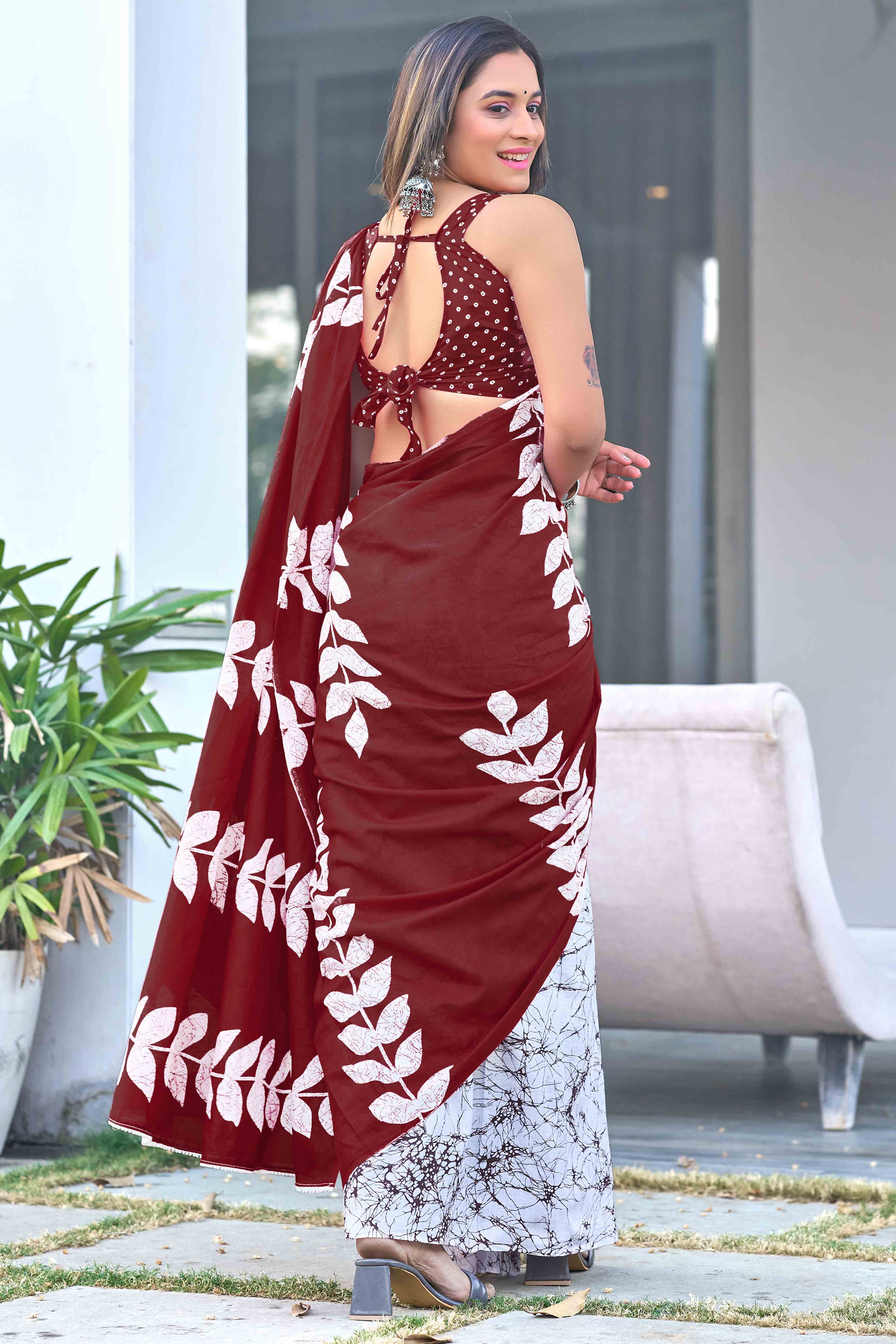 Maroon Cotton Saree with Authentic Bagru Block Print