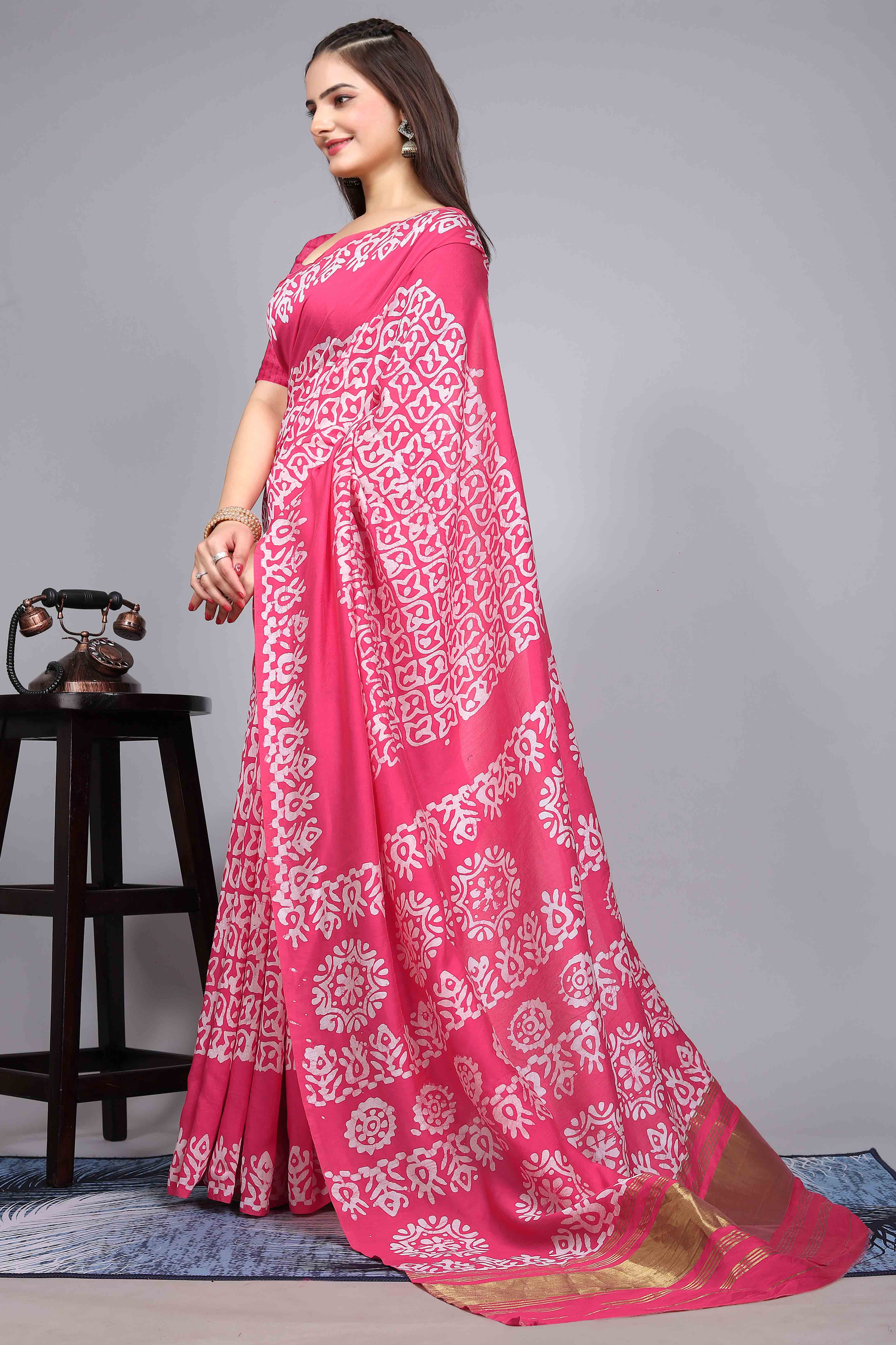 Pink Floral Printed Chanderi Cotton Silk Lagdi patta Saree