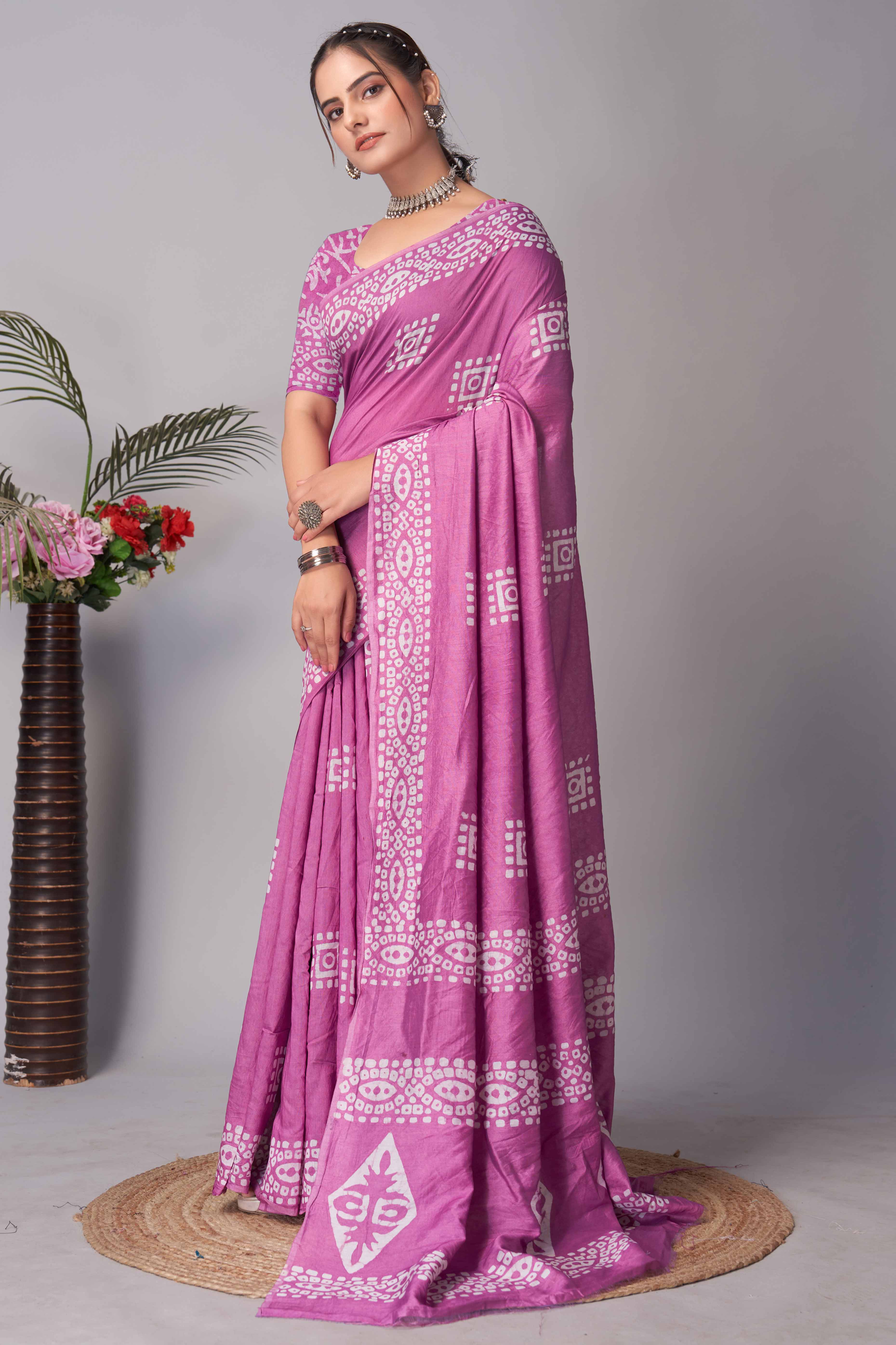 Pink Batik Printed Chanderi Cotton Silk Saree