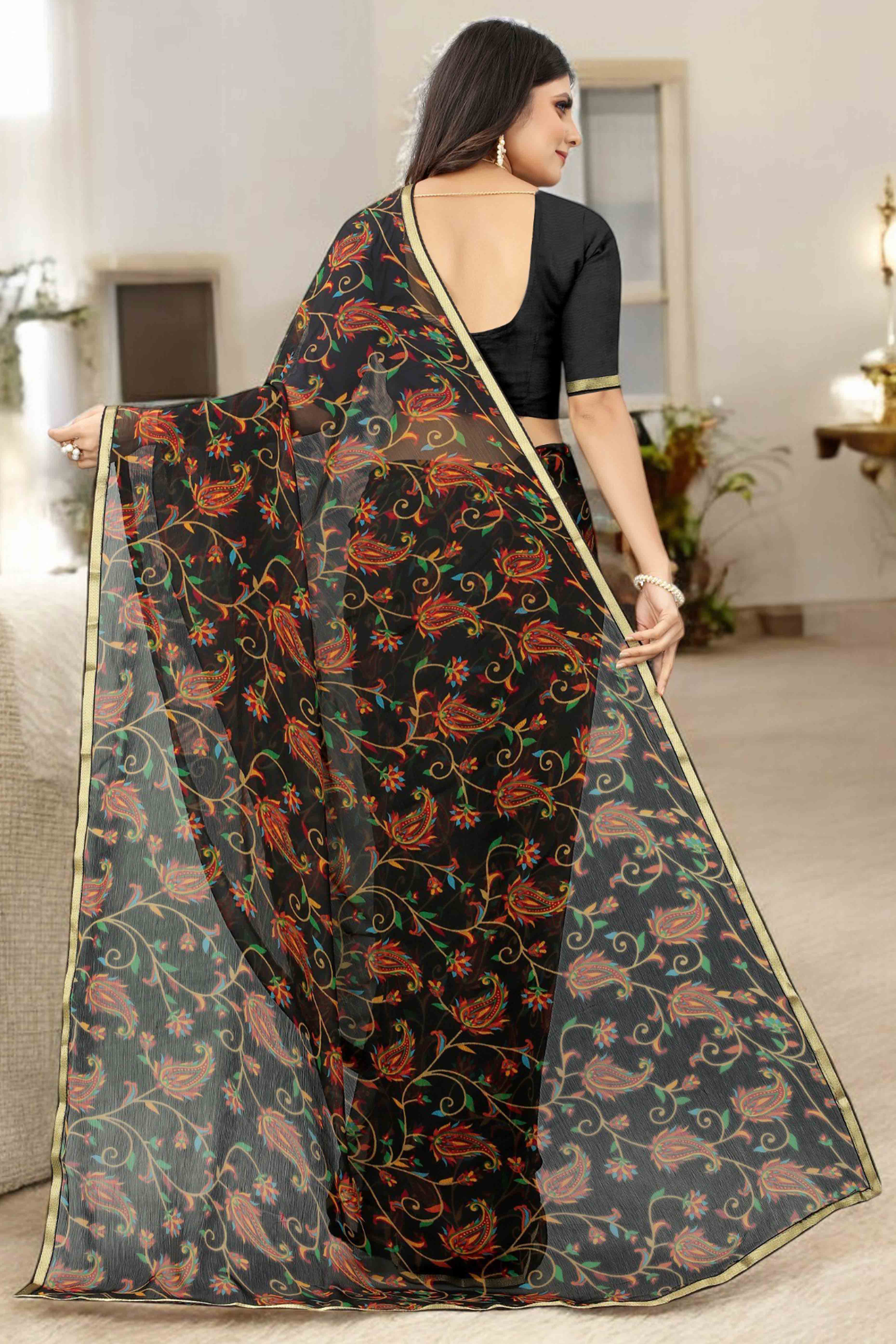 Black Printed Chiffon Saree With Lace Border