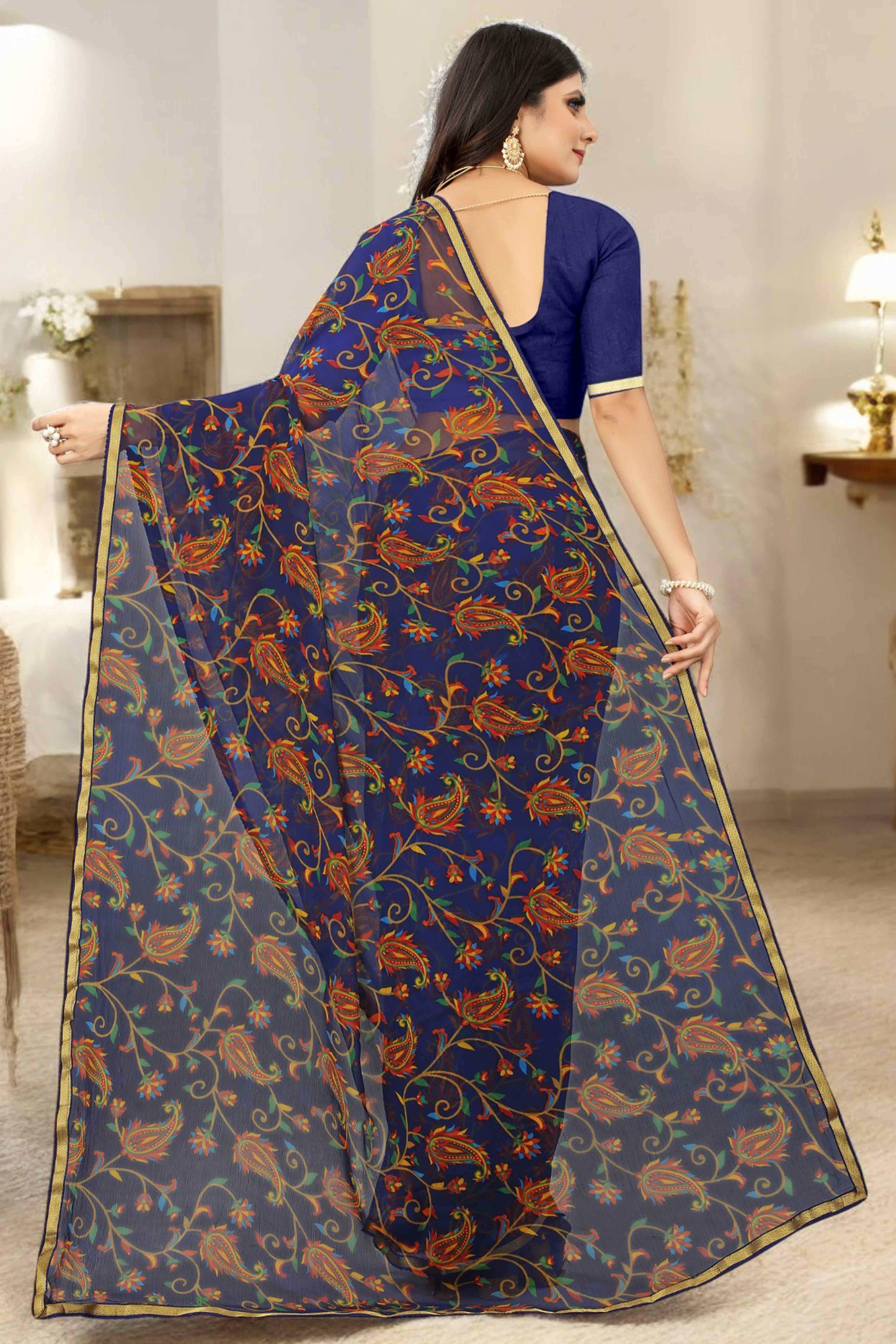 Blue Printed Chiffon Saree With Lace Border