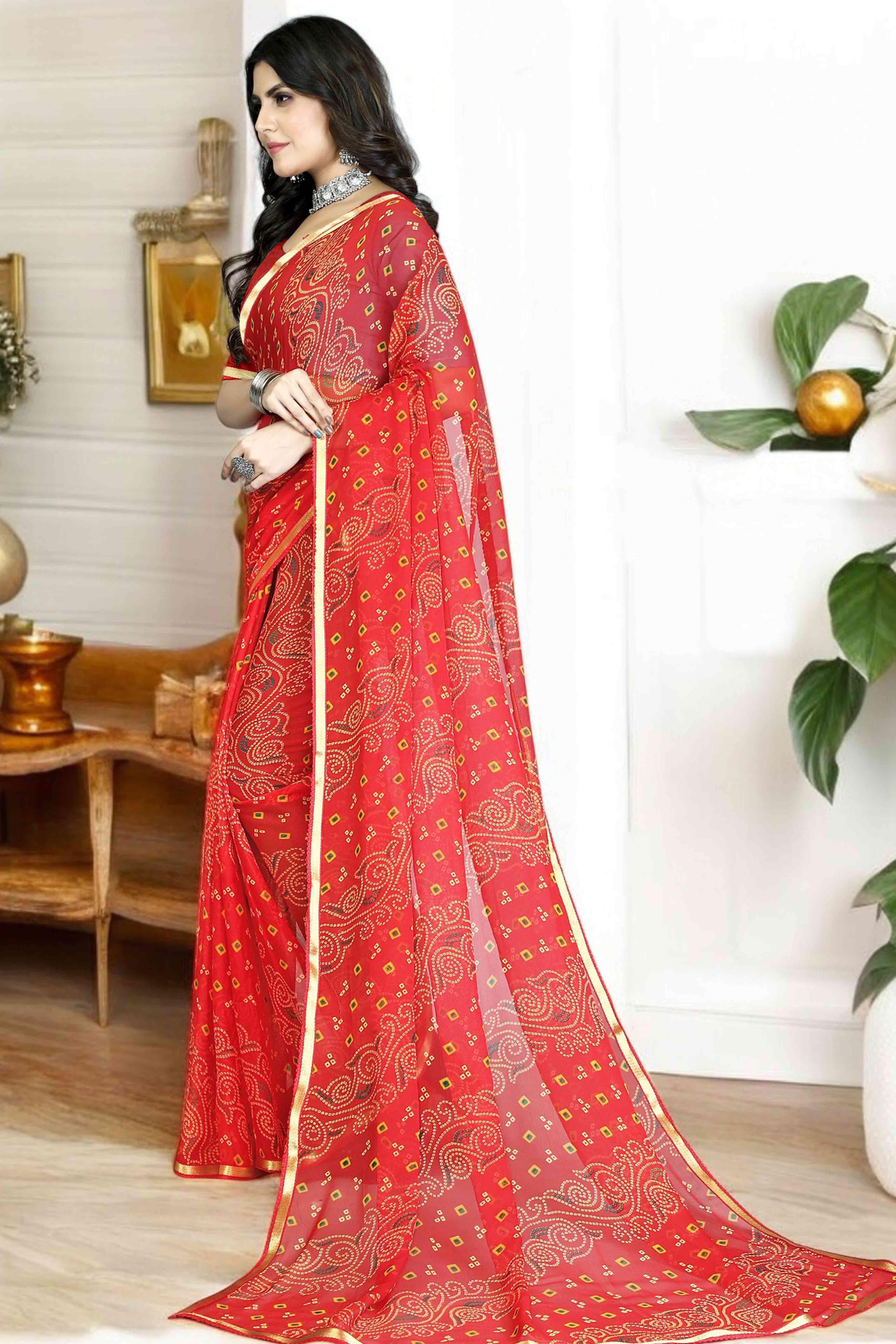 Red Bandhani Printed Chiffon Saree With Lace Border