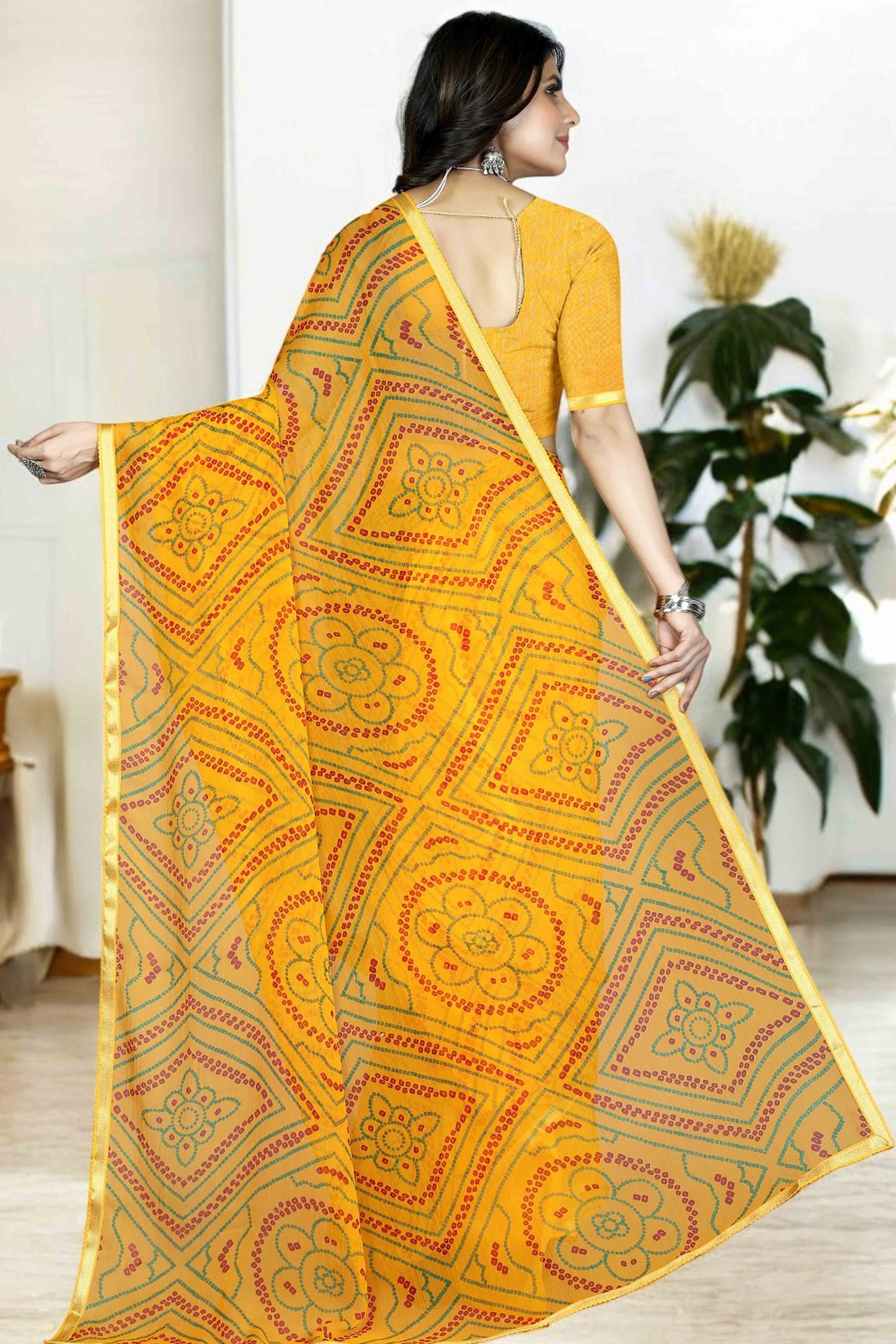 Mustard Bandhani Printed Chiffon Saree With Lace Border